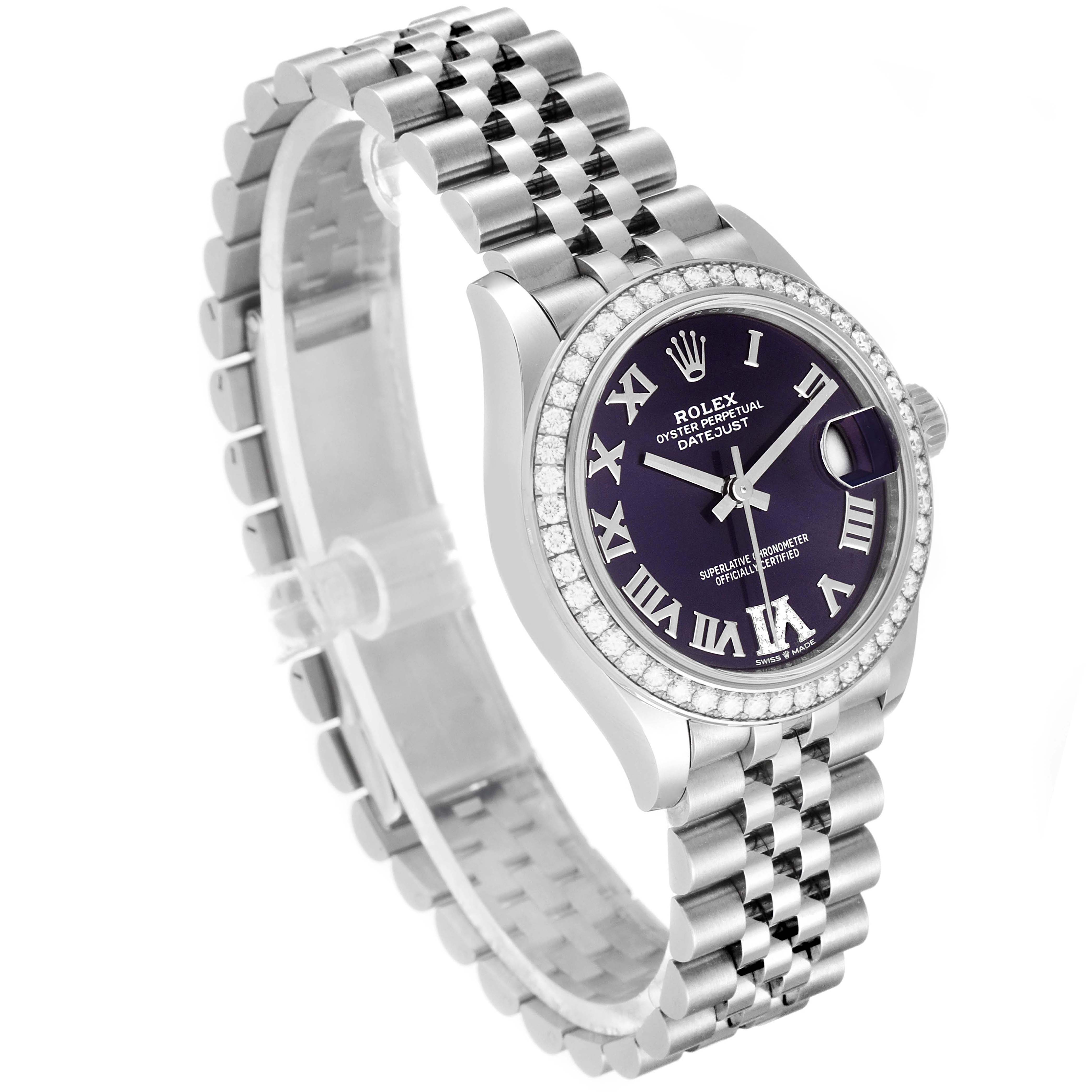 The image shows a side angle of the Rolex Mid-Size 278384 Women's Stainless Steel Purple Dial 278384 Women's Stainless Steel Purple Dial Oyster Perpetual Datejust watch, highlighting the dial, bezel, and bracelet.
