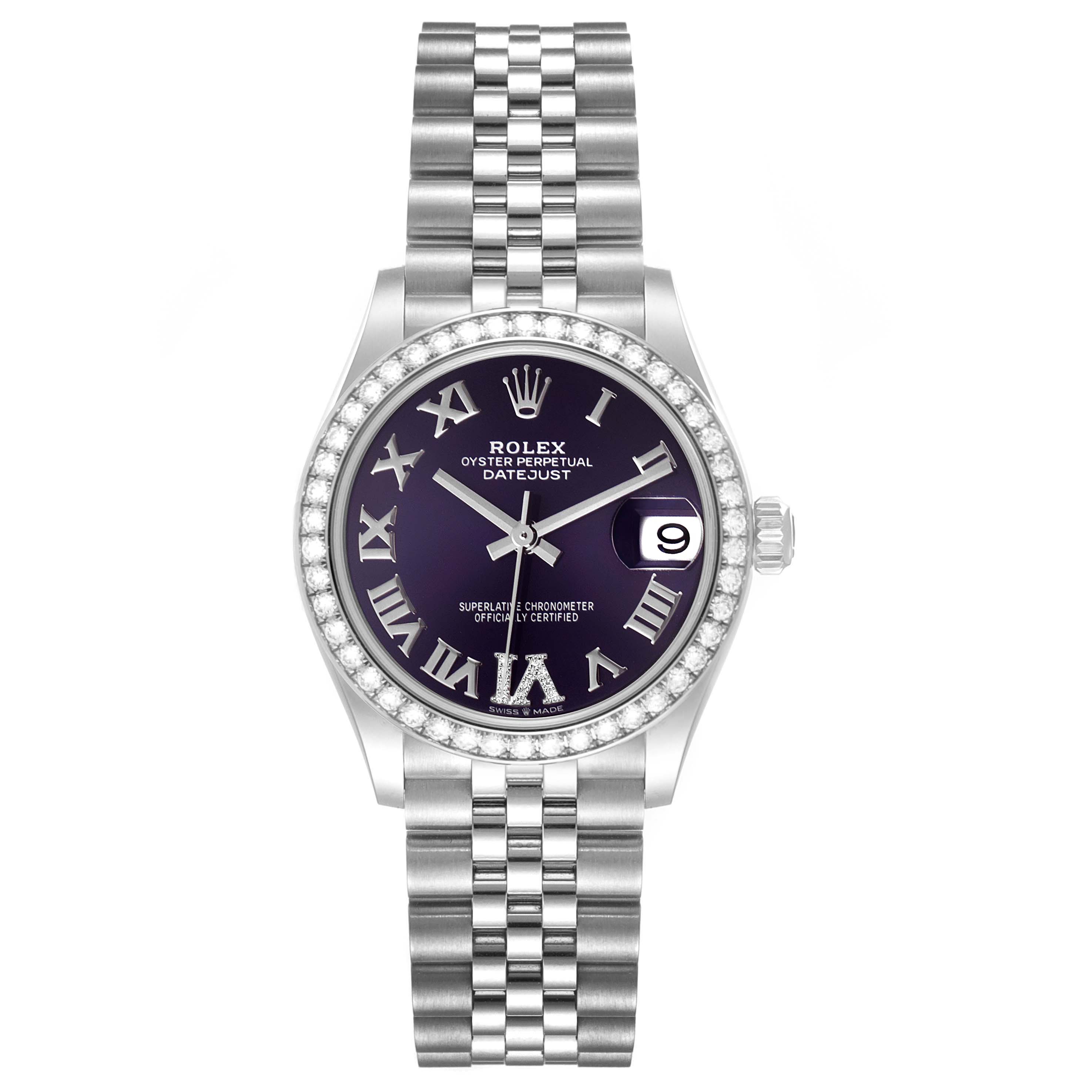 The image shows a front view of a Rolex Oyster Perpetual Datejust Mid-Size watch, displaying the dial, hands, date window, bezel, and bracelet.