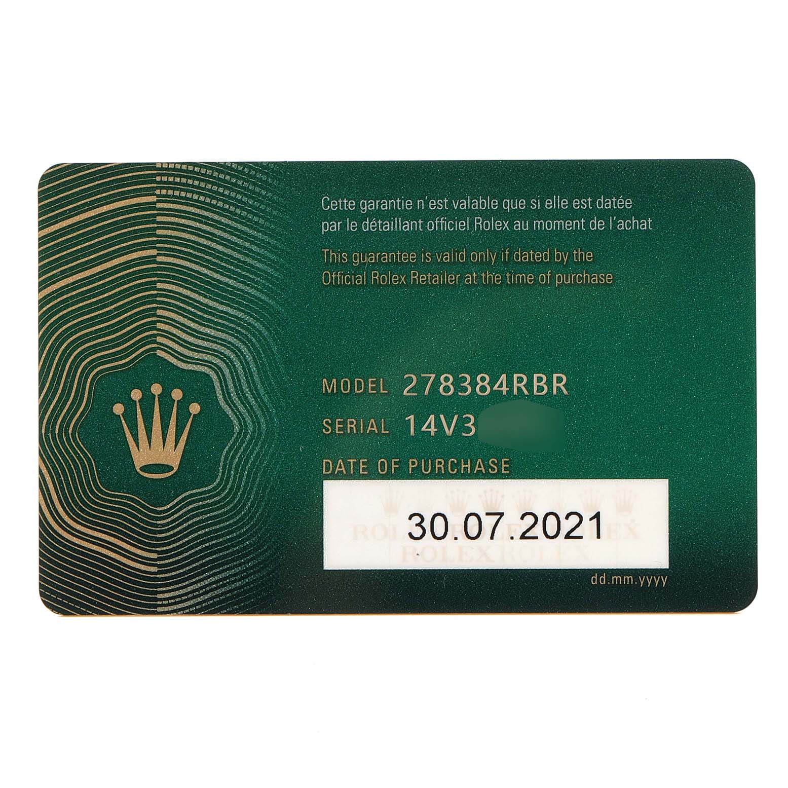 This image shows a Rolex warranty card for a Mid-Size model 278384RBR, with the serial number and date of purchase.