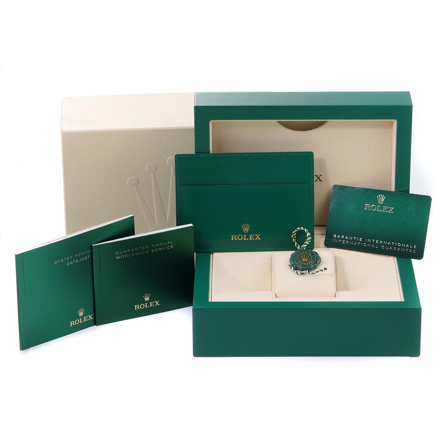 The image shows the packaging and accessories for a Mid-Size Rolex watch, including manuals, a card, and a tag.