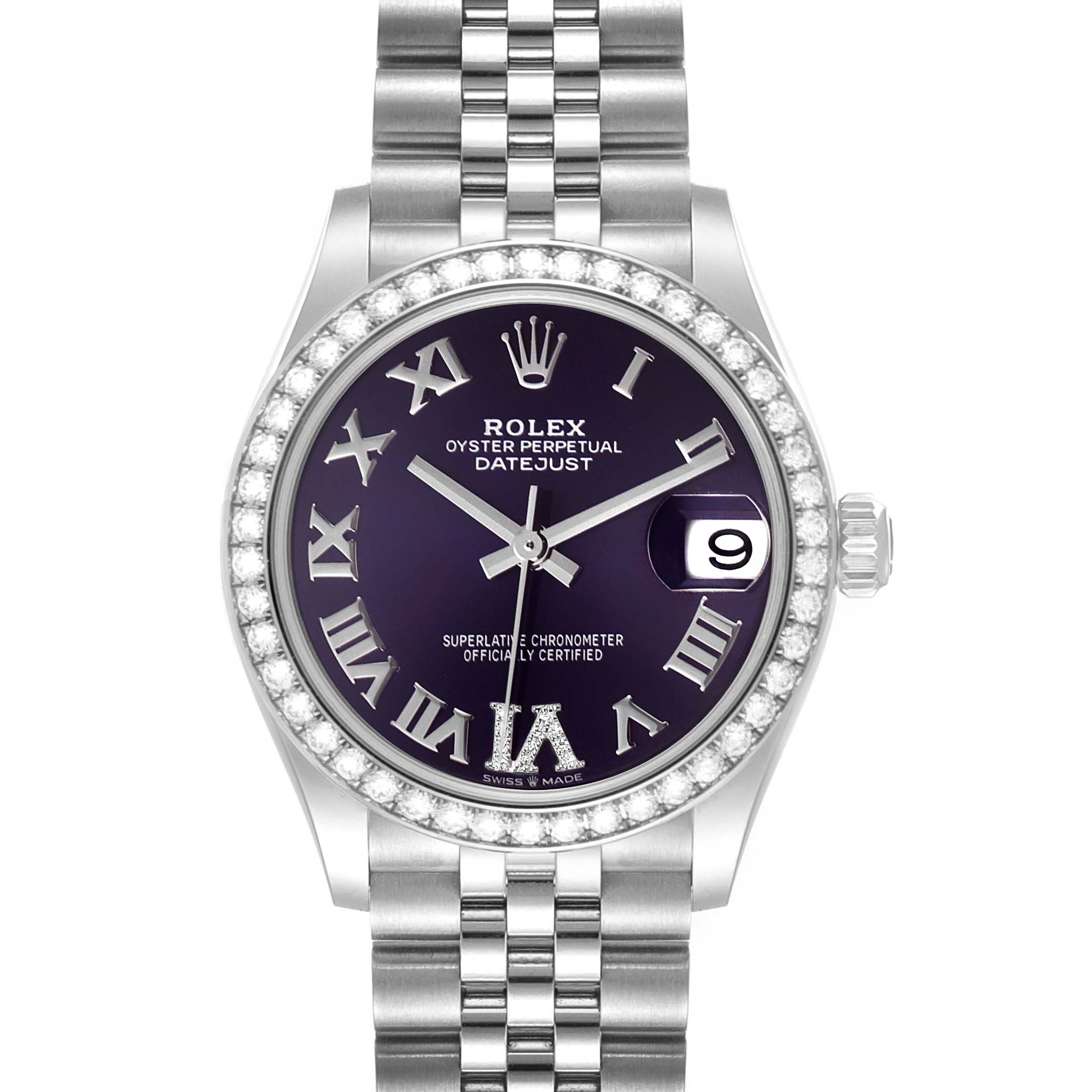 The image shows a front view of the Rolex Datejust Mid-Size watch, featuring a purple dial, Roman numerals, date display, and Jubilee bracelet.