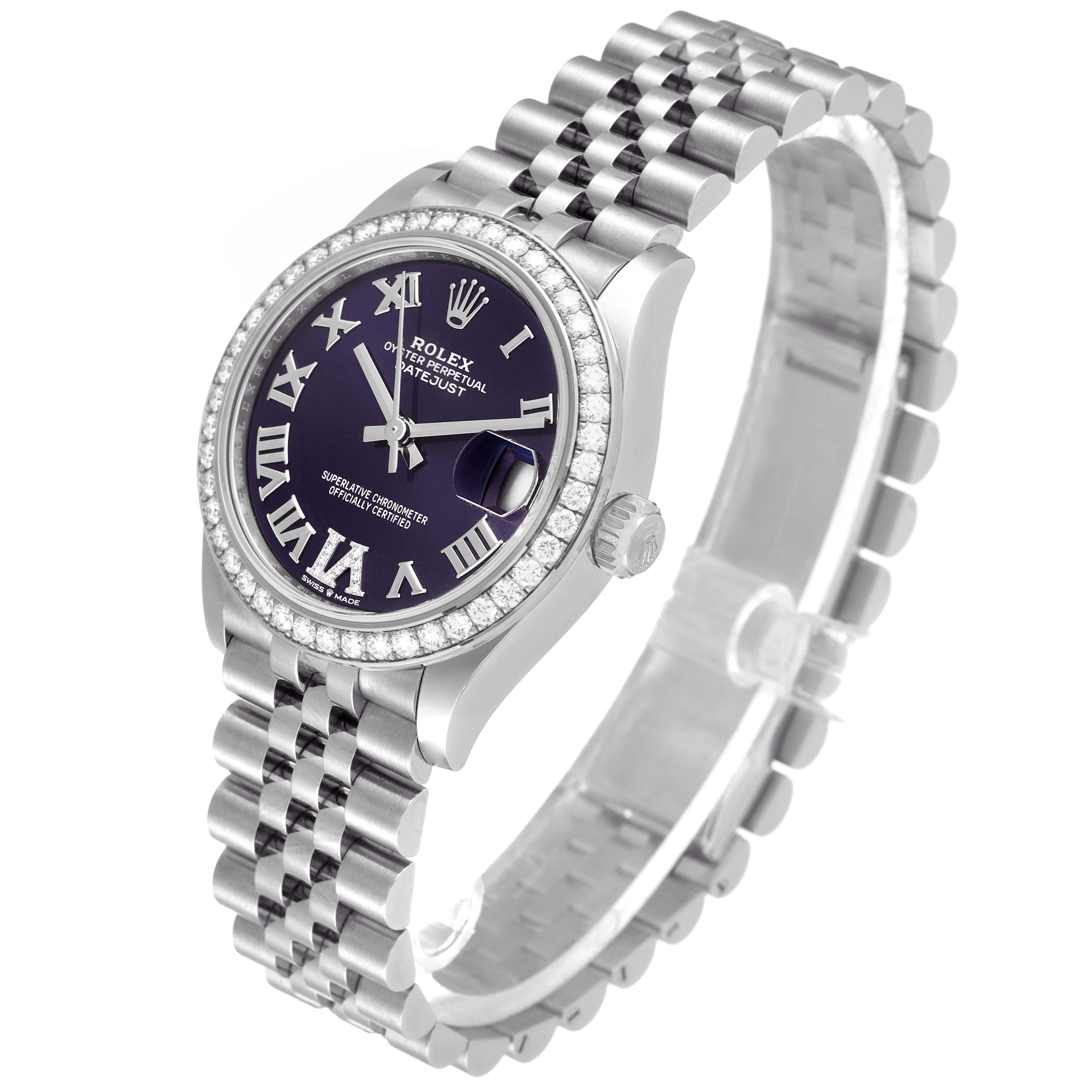 This image shows a Rolex Mid-Size 278384 Women's Stainless Steel Purple Dial 278384 Women's Stainless Steel Purple Dial Datejust from an angled side view, highlighting the dial, bezel, and bracelet.