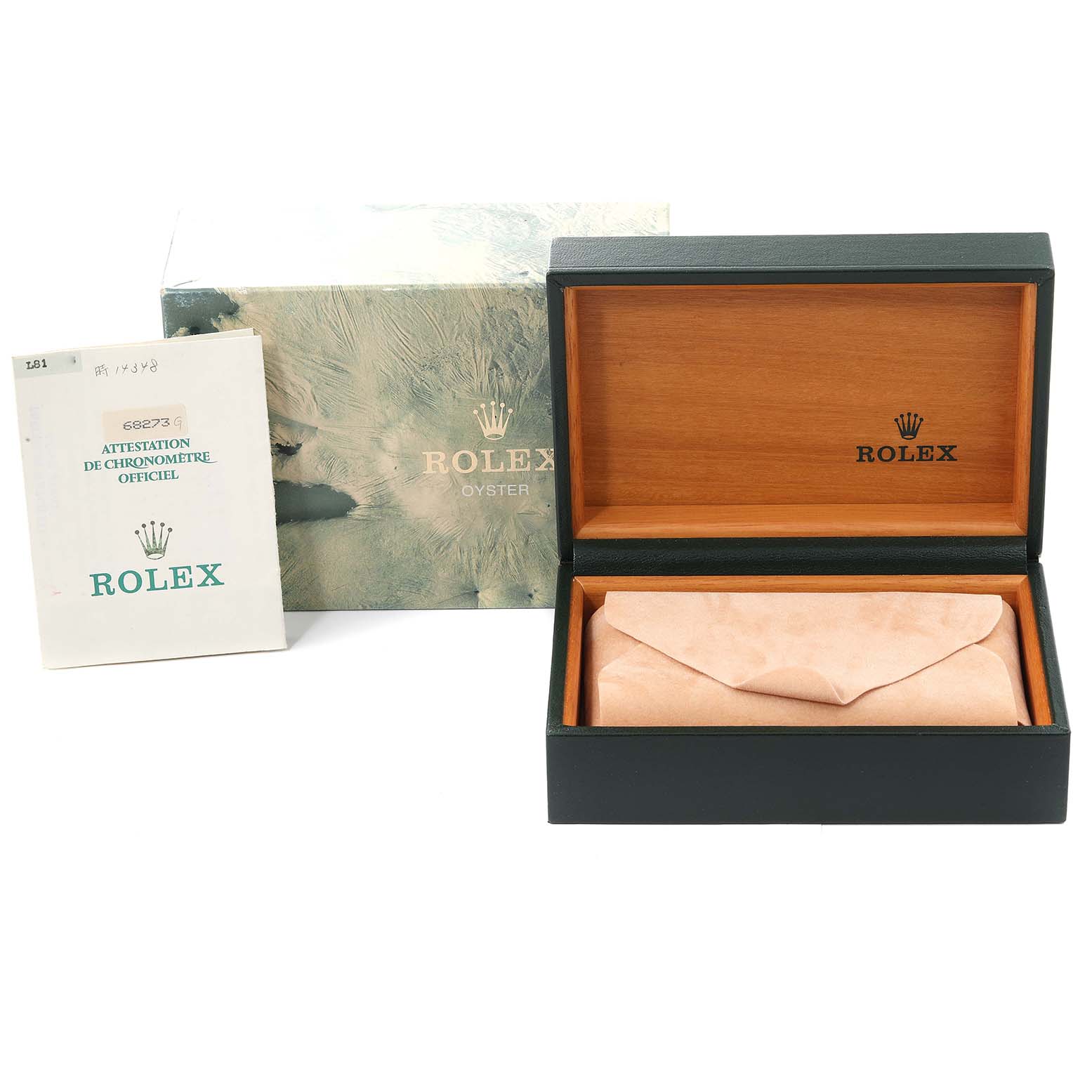 The image shows the packaging and accessories of a Rolex Mid-Size 68273 Women's Steel and Gold (two tone) Grey Dial 68273 Women's Steel and Gold (two tone) Grey Dial watch, including the box, cover, and documentation.