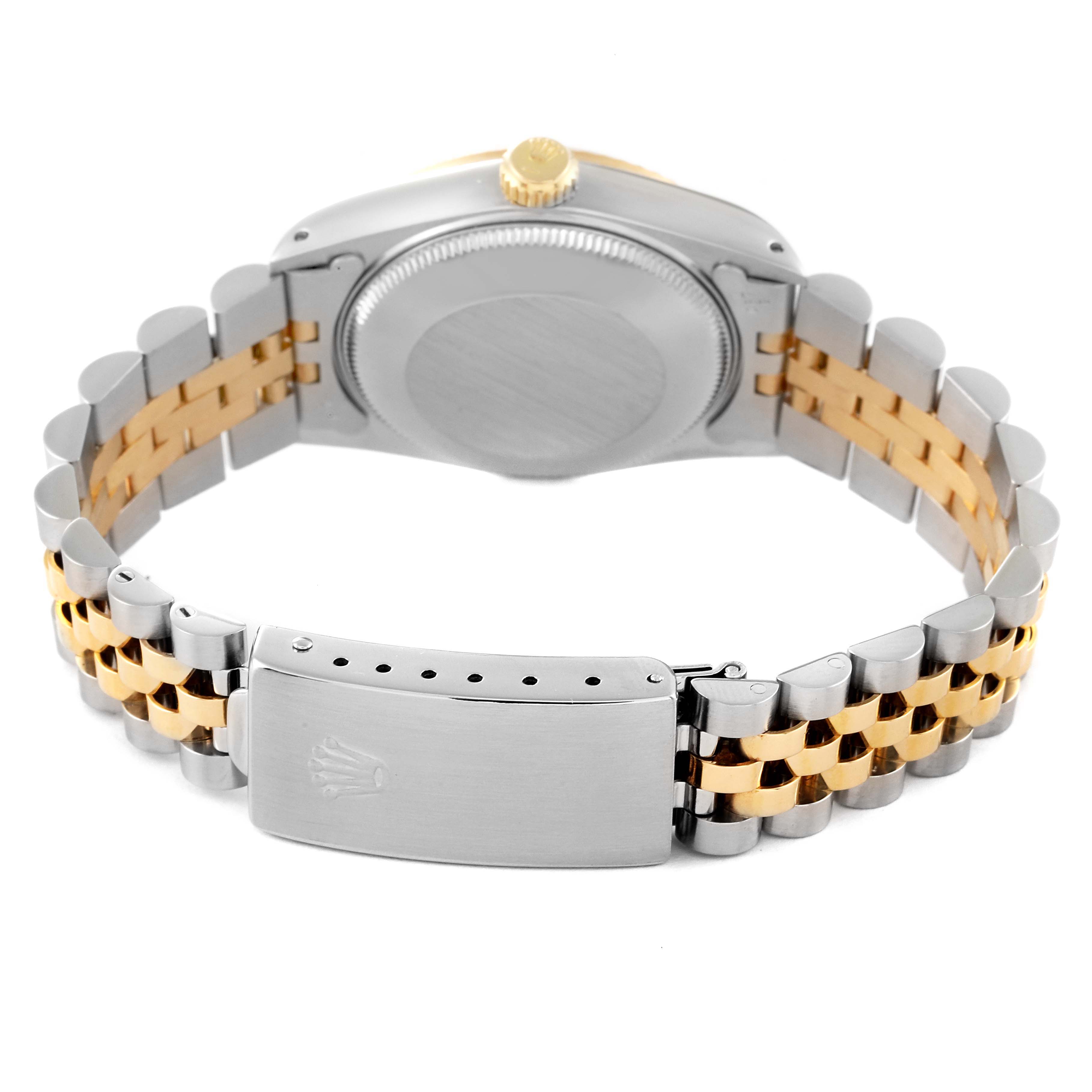 The image shows the back case and bracelet of a Rolex Mid-Size 68273 Women's Steel and Gold (two tone) Grey Dial 68273 Women's Steel and Gold (two tone) Grey Dial model watch.