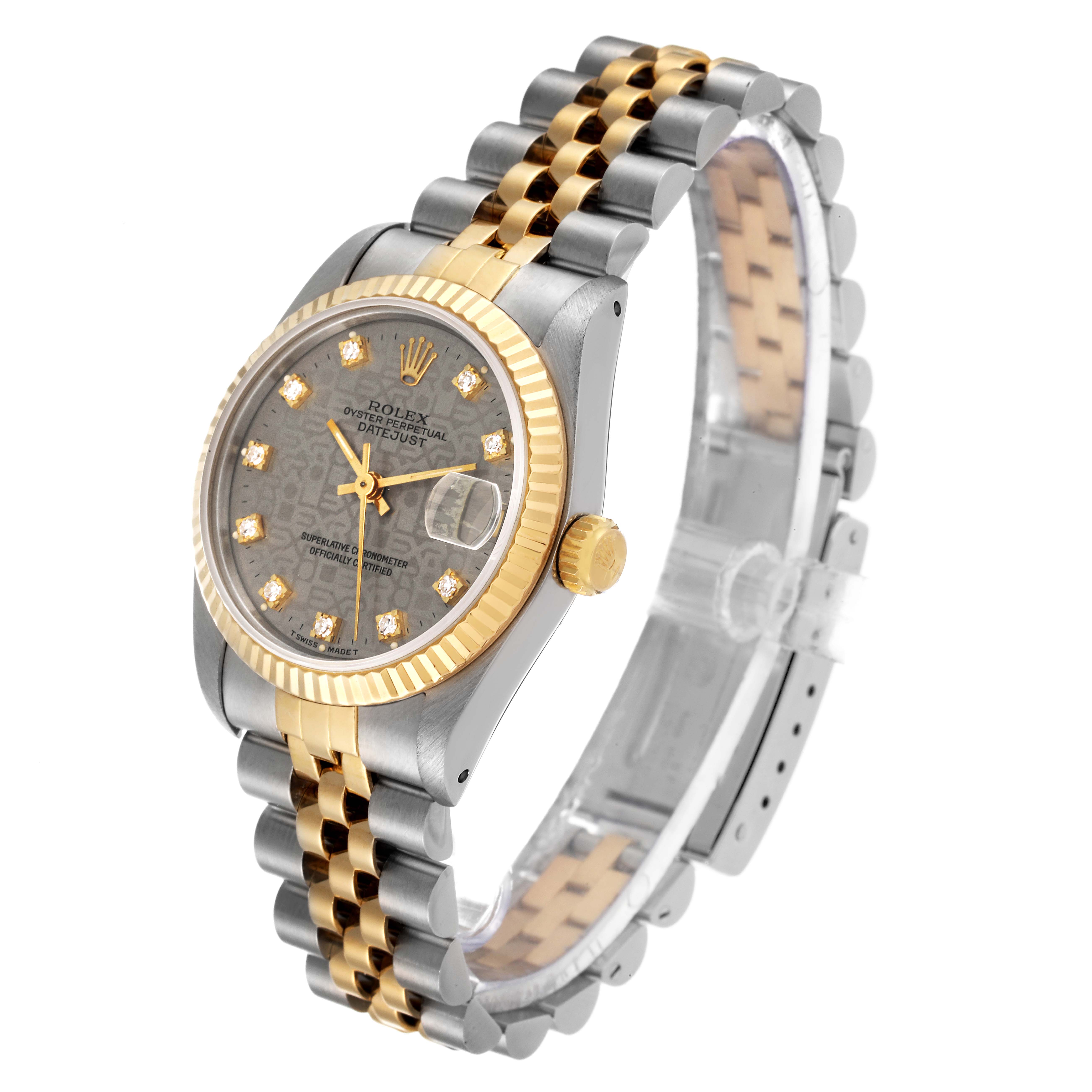 The image shows a side-angle view of a Rolex Mid-Size 68273 Women's Steel and Gold (two tone) Grey Dial 68273 Women's Steel and Gold (two tone) Grey Dial Datejust watch, highlighting its bezel, crown, dial, and two-tone bracelet.