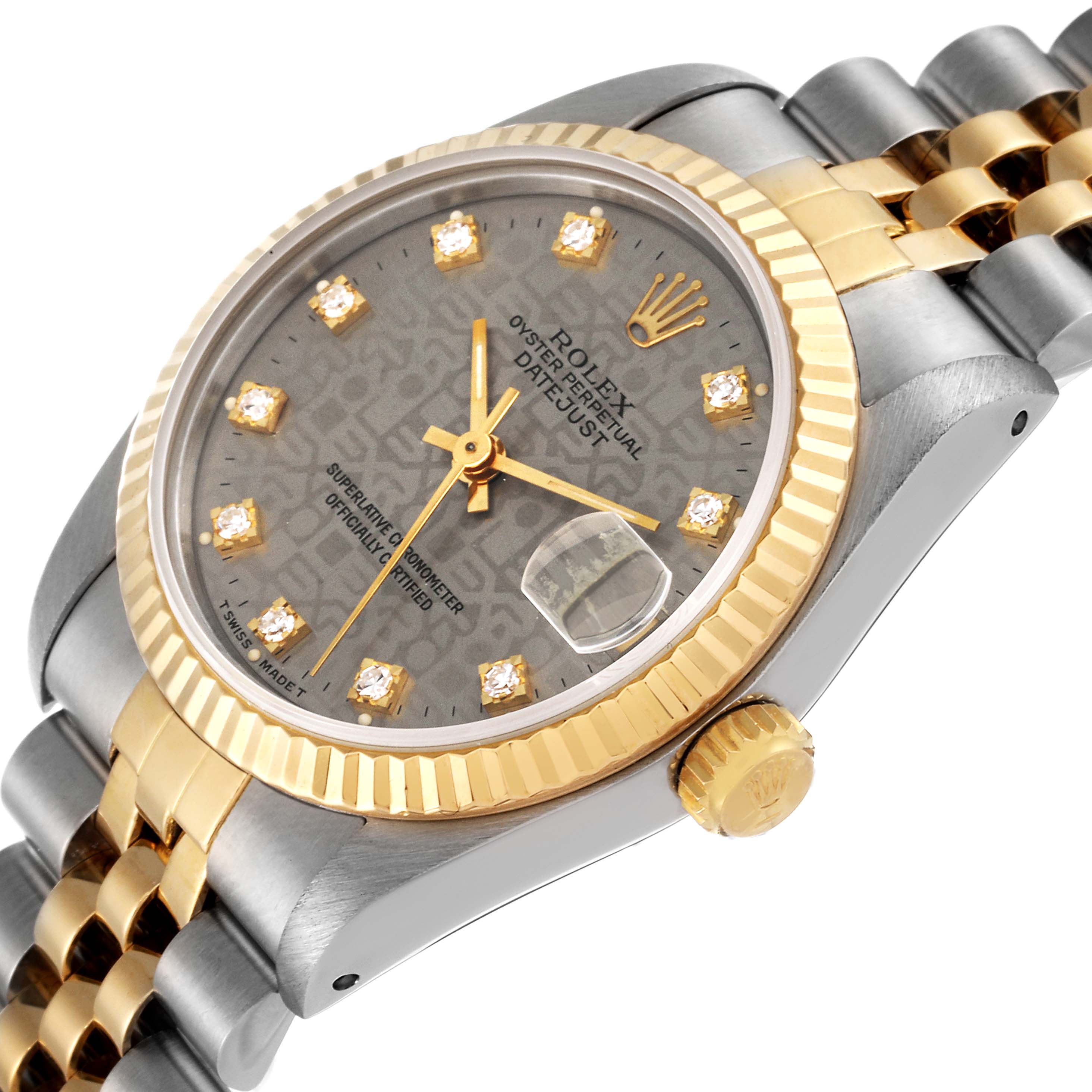 The image shows a Rolex Datejust Mid-Size watch at a tilted angle, showcasing the face, bezel, crown, and part of the bracelet.