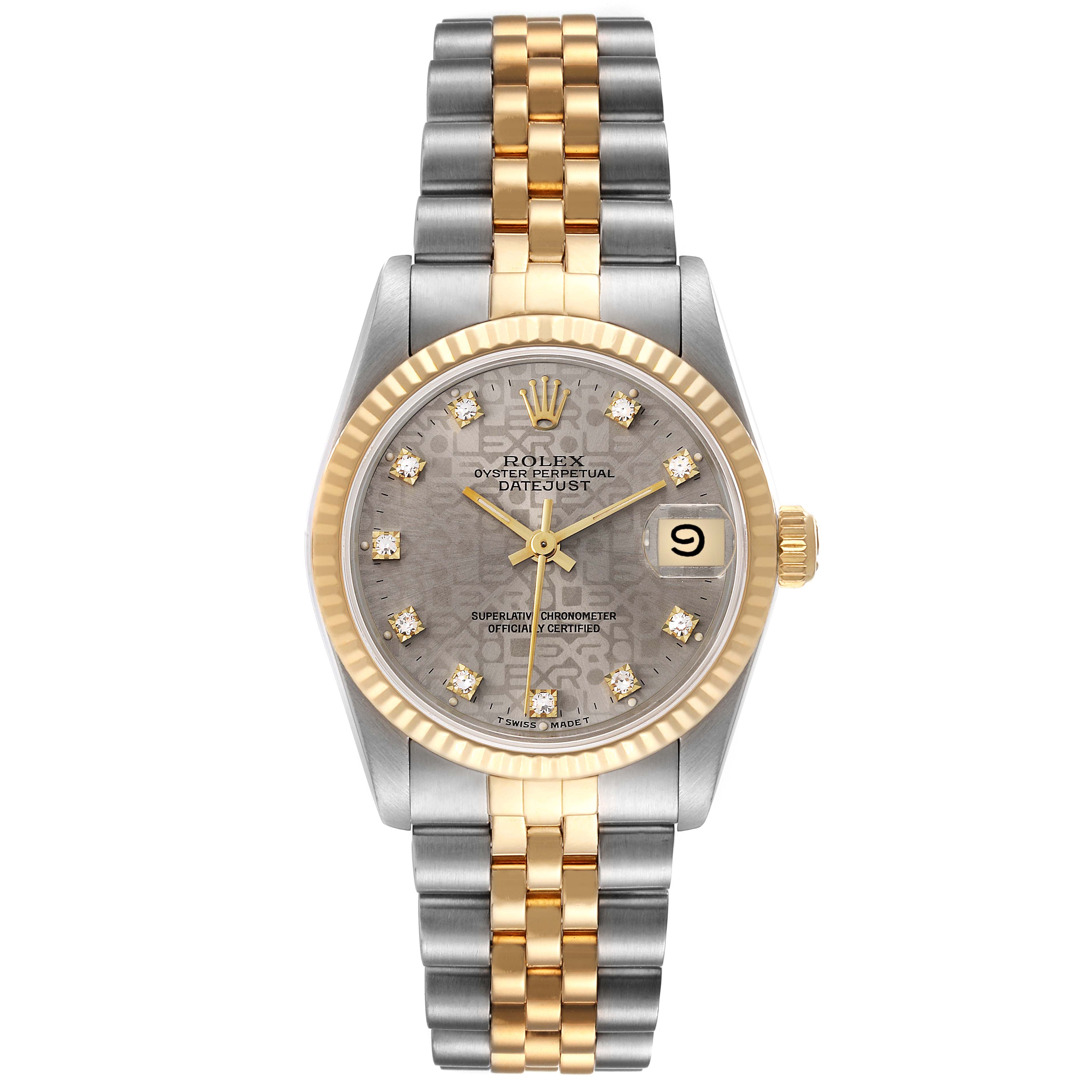The image shows a frontal view of a Rolex Oyster Perpetual Datejust Mid-Size watch, featuring a two-tone bracelet, fluted bezel, and date window.