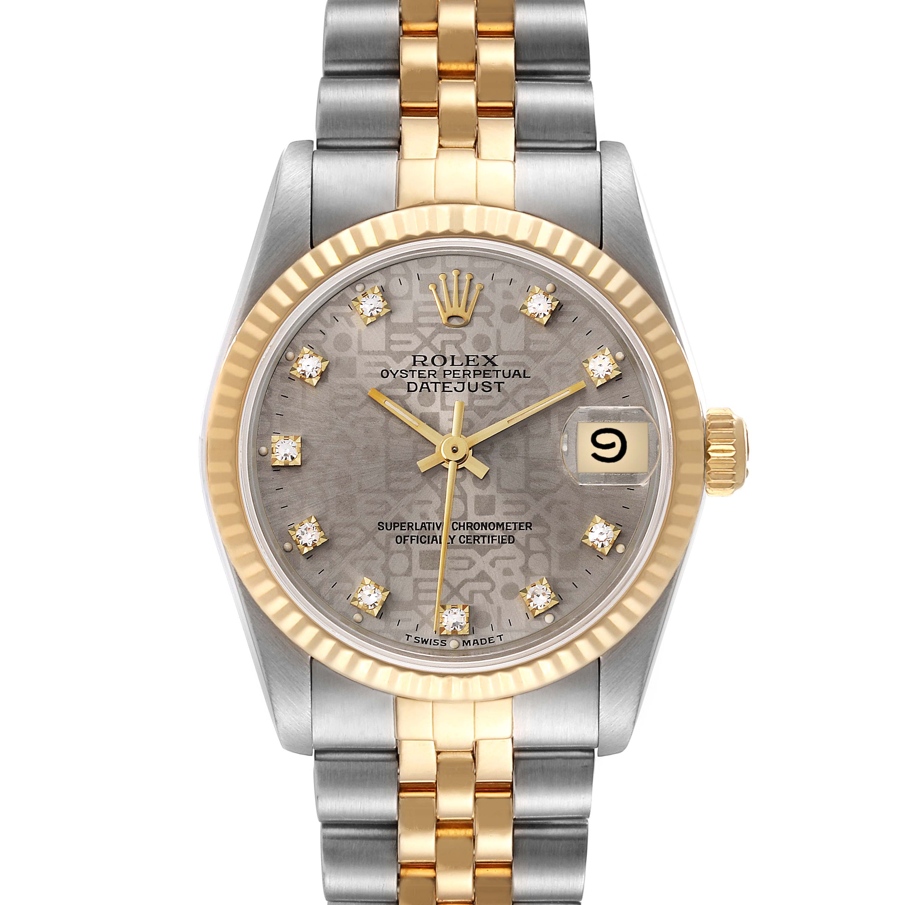 The image shows a front view of a Rolex Mid-Size 68273 Women's Steel and Gold (two tone) Grey Dial 68273 Women's Steel and Gold (two tone) Grey Dial Datejust watch, featuring a two-tone bracelet, fluted bezel, and date window.