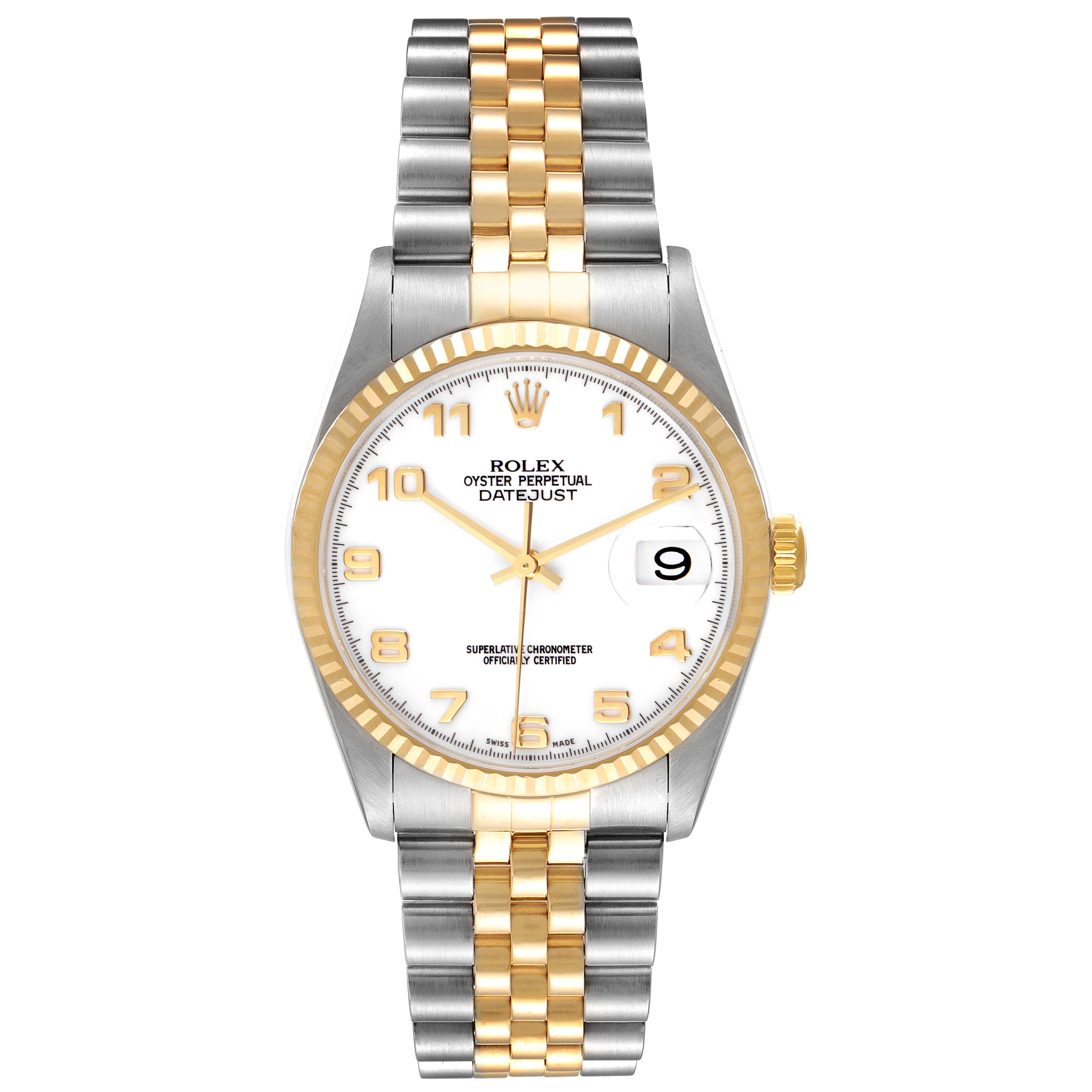The image shows a front view of a Rolex Datejust 16233 Men's Steel and Gold (two tone) White Dial 16233 Men's Steel and Gold (two tone) White Dial watch, highlighting its two-tone bracelet, white dial, and date window.