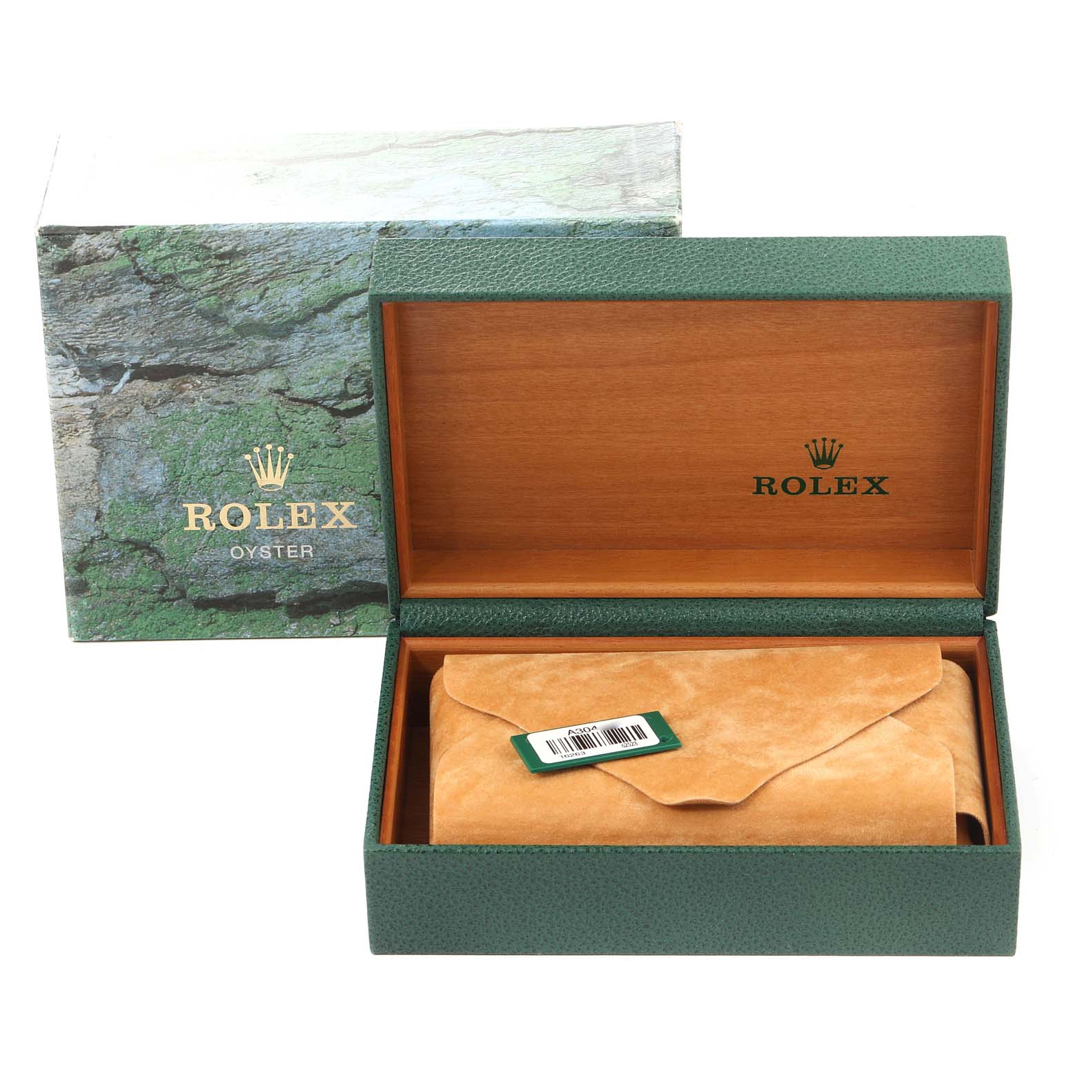 The image shows a Rolex Datejust 16233 Men's Steel and Gold (two tone) White Dial 16233 Men's Steel and Gold (two tone) White Dial box and packaging, including a green outer box, green and wood inner box, and a suede pouch.