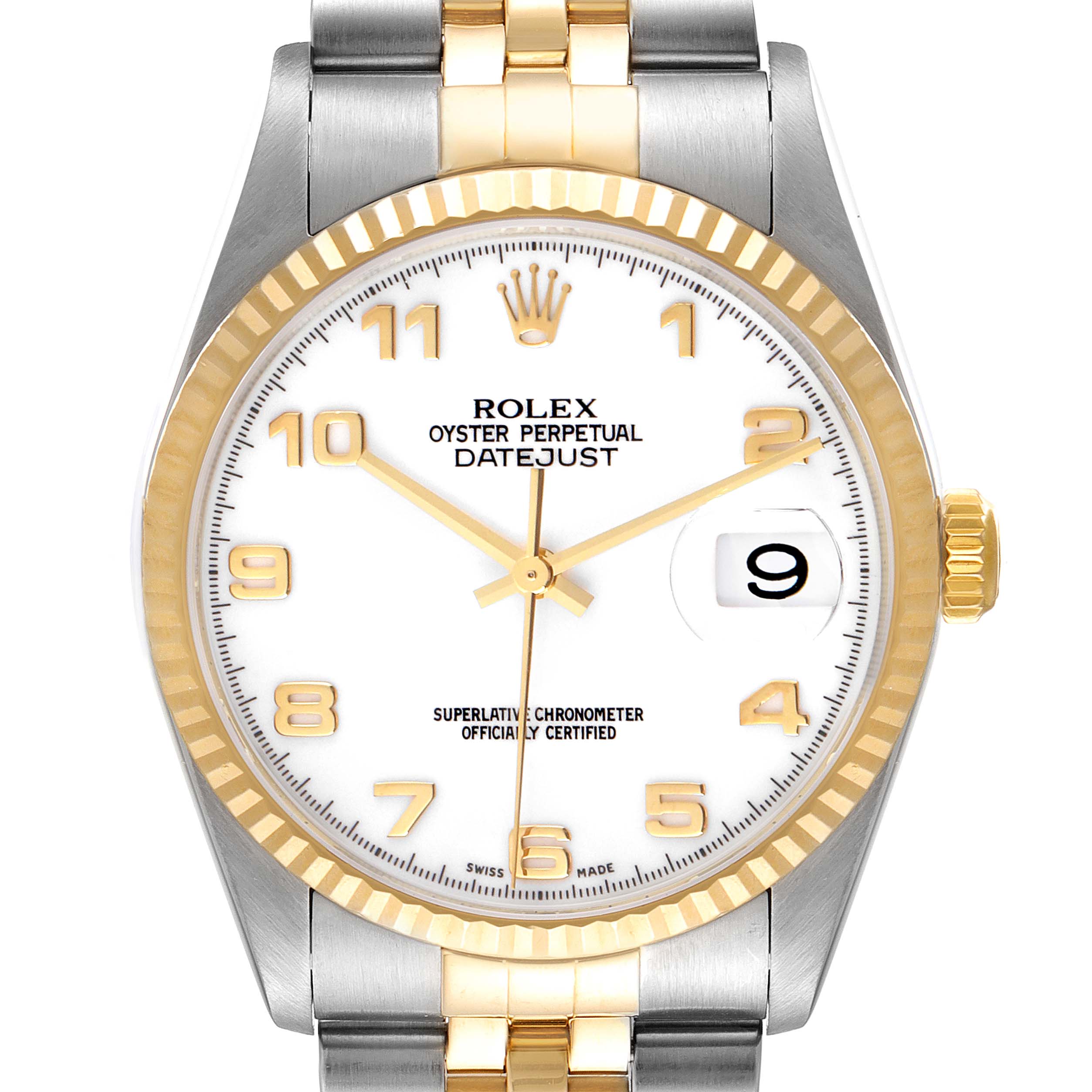 This image shows a front view of a Rolex Datejust 16233 Men's Steel and Gold (two tone) White Dial 16233 Men's Steel and Gold (two tone) White Dial watch with a two-tone bracelet, displaying the dial, bezel, and part of the bracelet.
