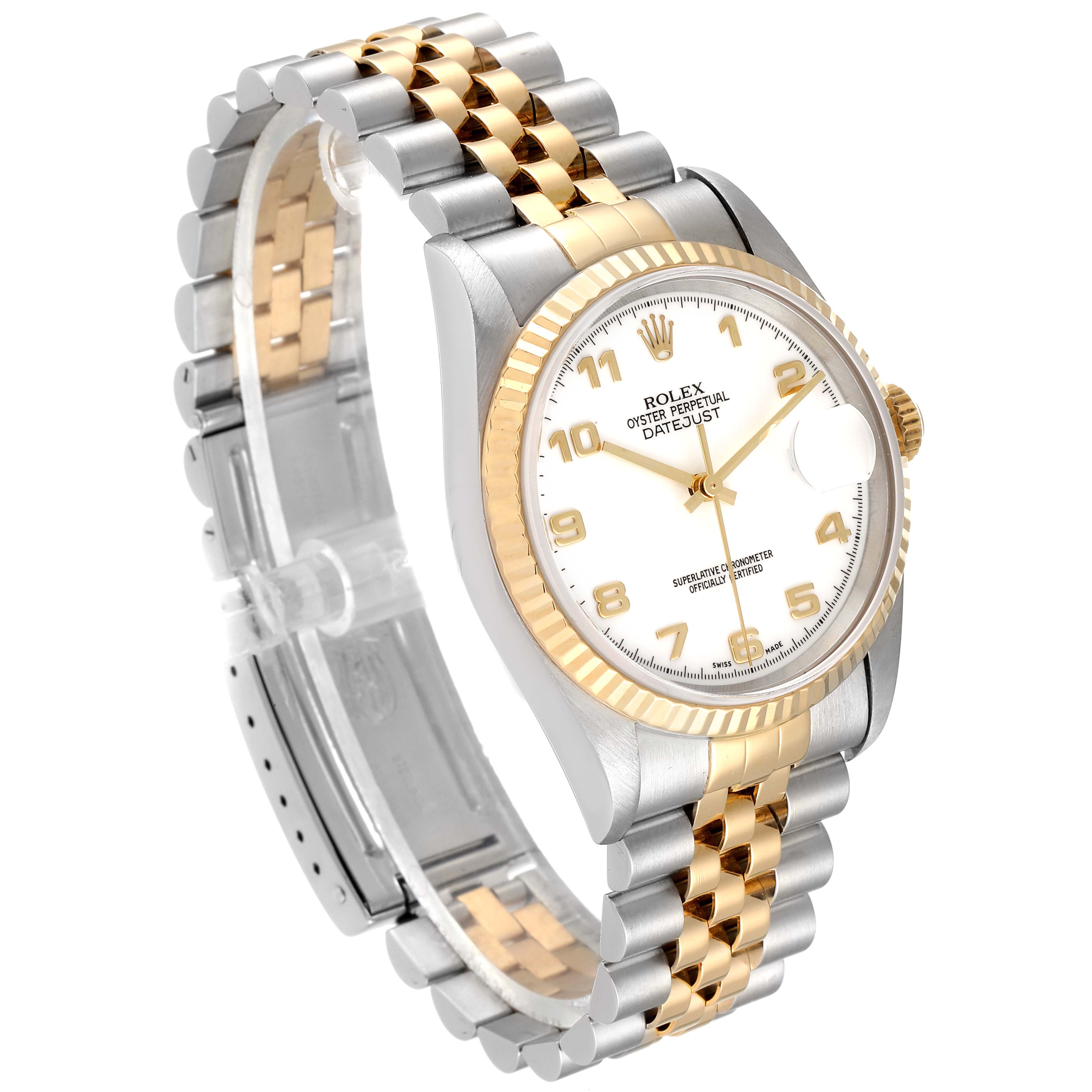The Rolex Datejust 16233 Men's Steel and Gold (two tone) White Dial 16233 Men's Steel and Gold (two tone) White Dial watch is shown at a three-quarter angle displaying the dial, bezel, crown, and two-tone bracelet.