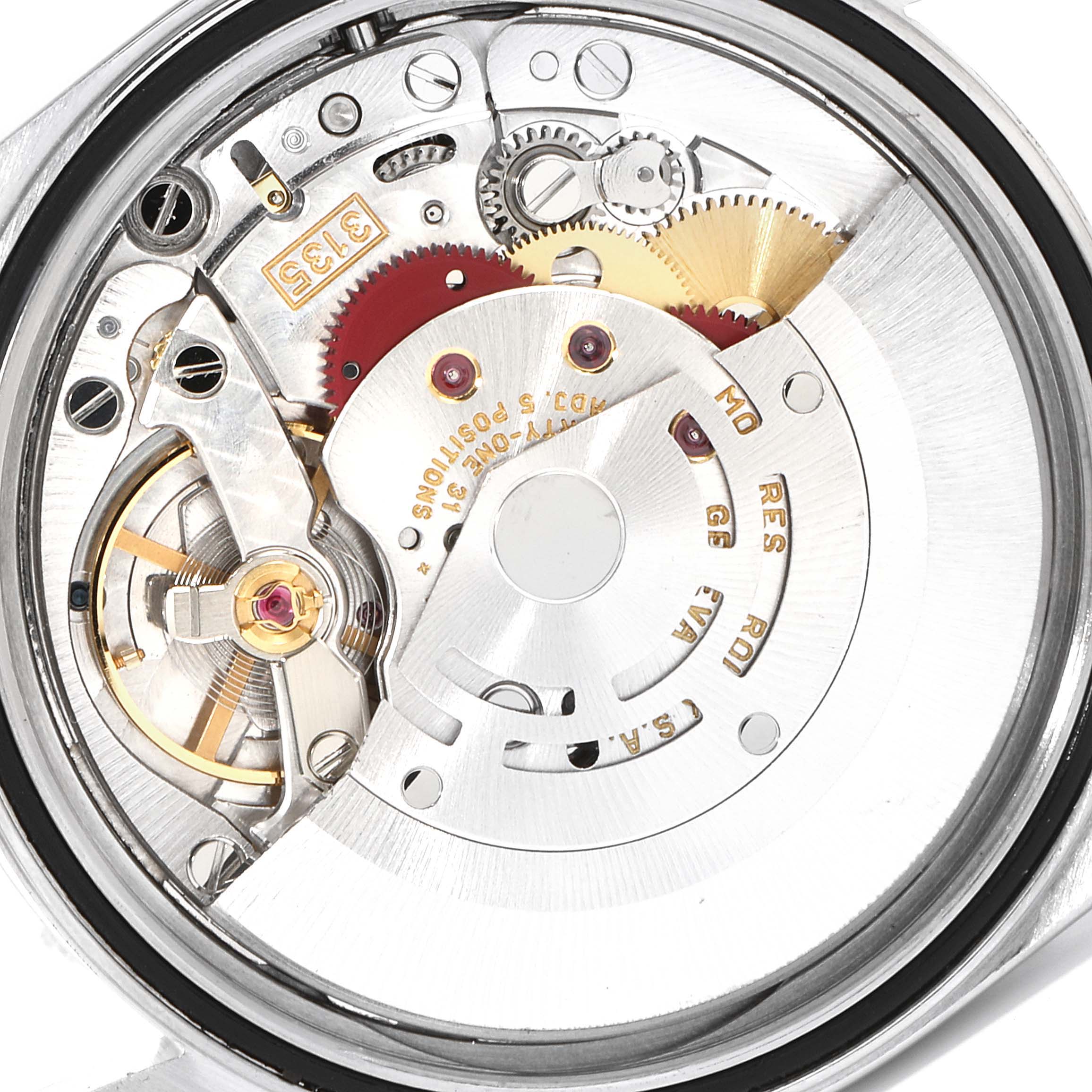 The image shows the internal movement and mechanisms of a Rolex Datejust 16233 Men's Steel and Gold (two tone) White Dial 16233 Men's Steel and Gold (two tone) White Dial model from a top-down angle.