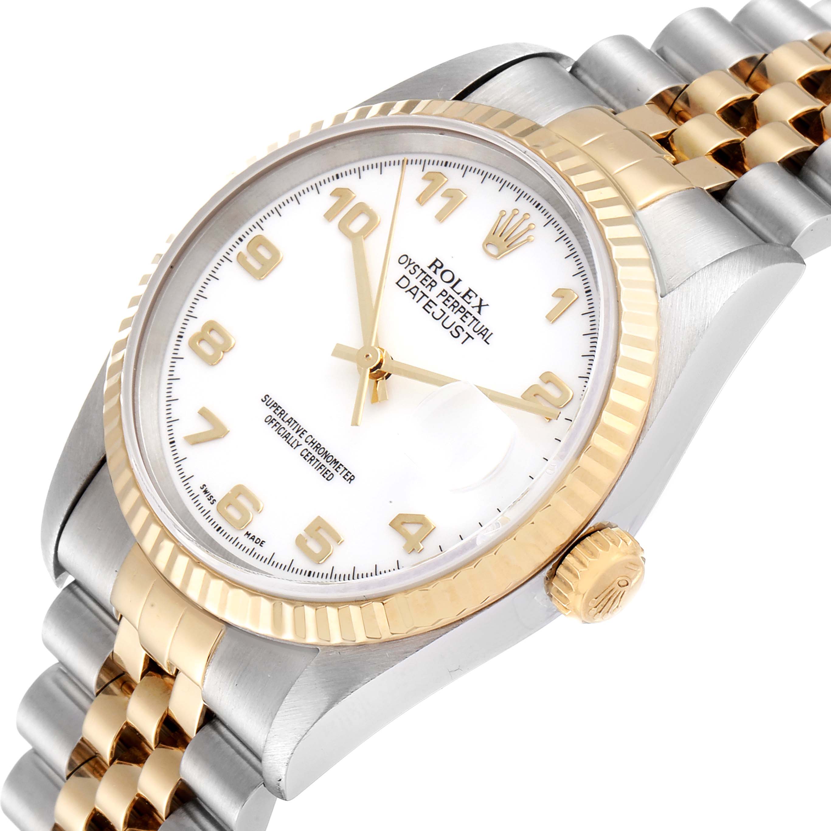 This image shows a Rolex Datejust 16233 Men's Steel and Gold (two tone) White Dial 16233 Men's Steel and Gold (two tone) White Dial watch angled to display the dial, bezel, crown, and part of the bracelet.