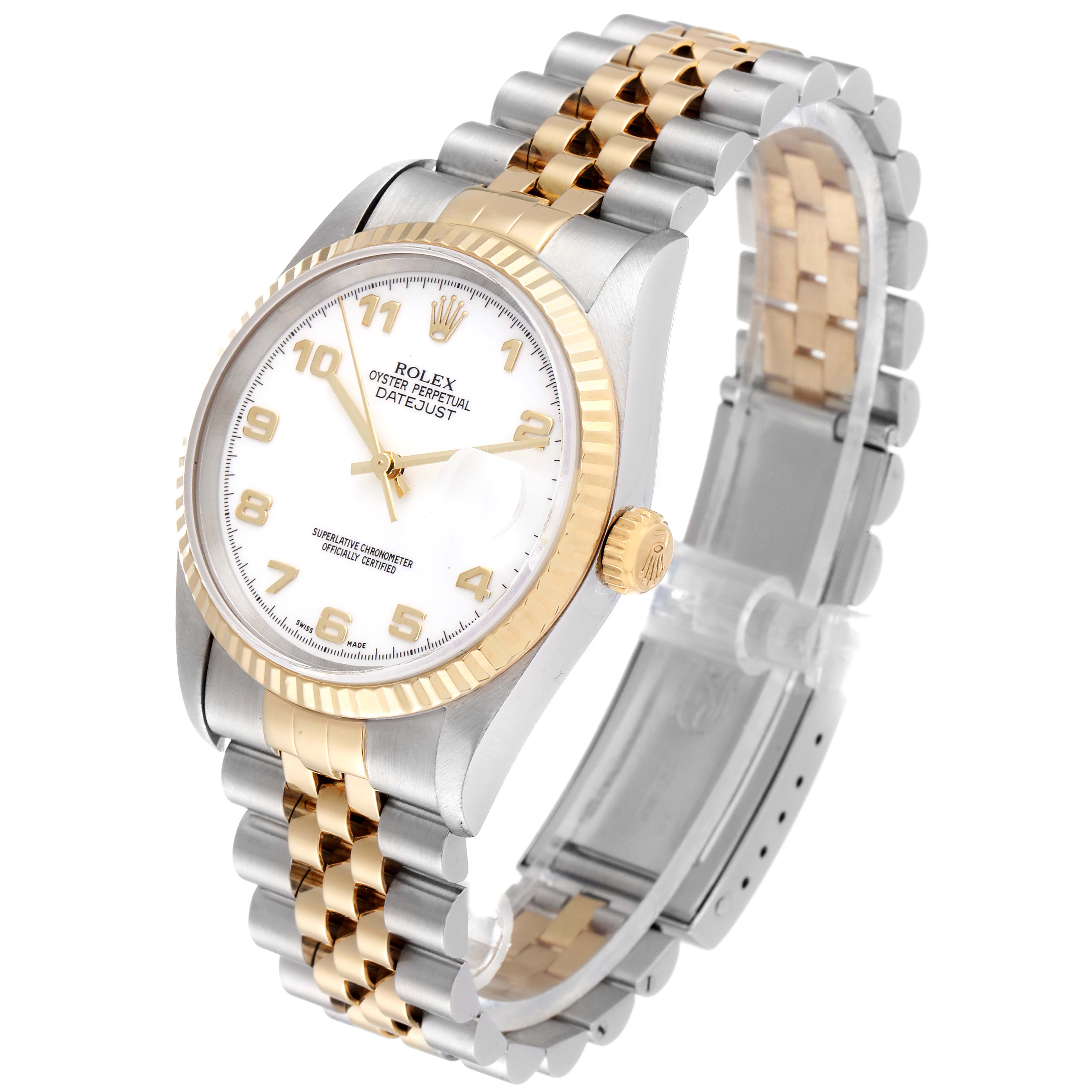 This Rolex Datejust 16233 Men's Steel and Gold (two tone) White Dial 16233 Men's Steel and Gold (two tone) White Dial watch is shown at an angled view, displaying the face, bezel, crown, and two-tone bracelet.