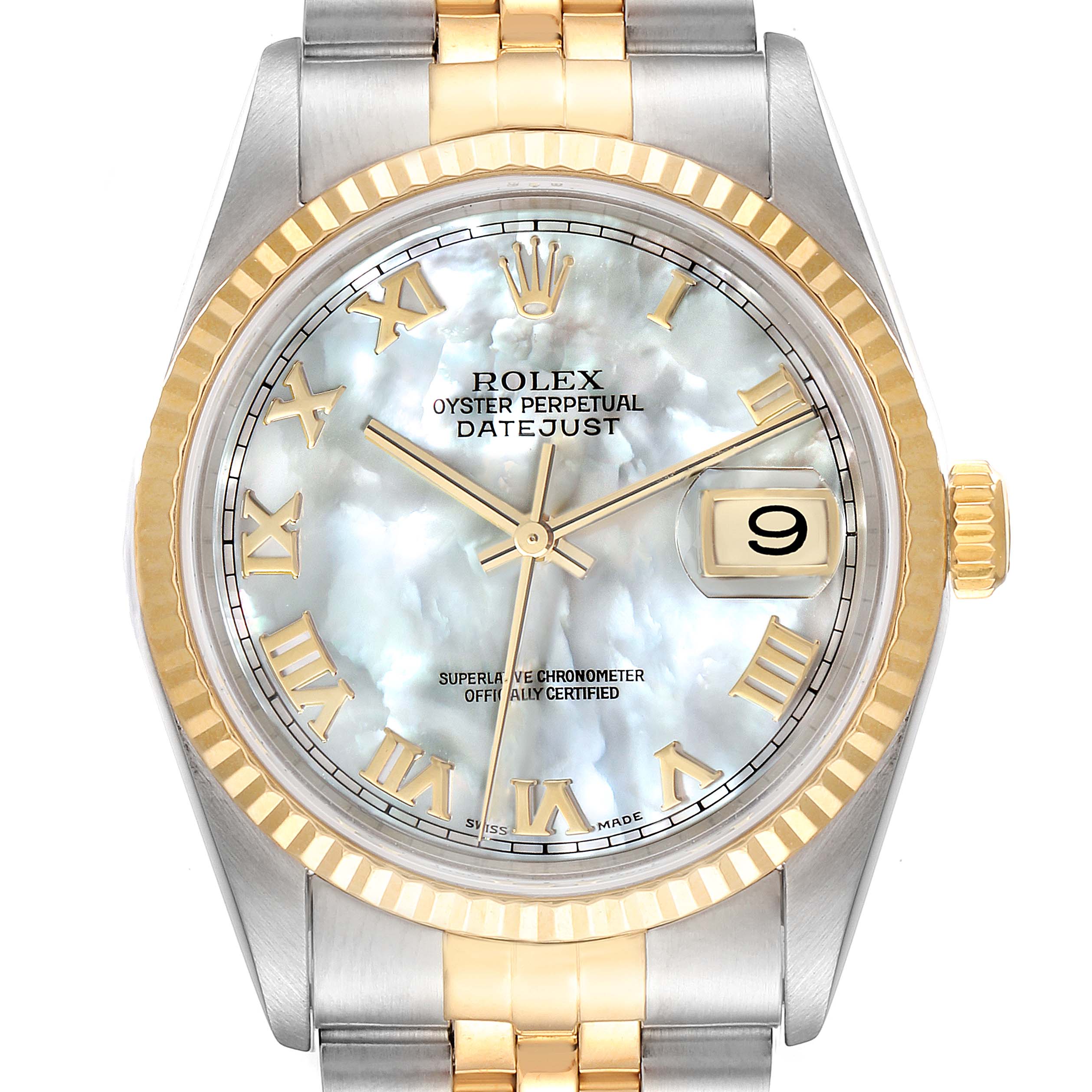 The image shows the face of a Rolex Datejust 16233 Men's Steel and Gold (two tone) Mother of Pearl Dial 16233 Men's Steel and Gold (two tone) Mother of Pearl Dial watch, highlighting its bezel, dial, hands, and bracelet.