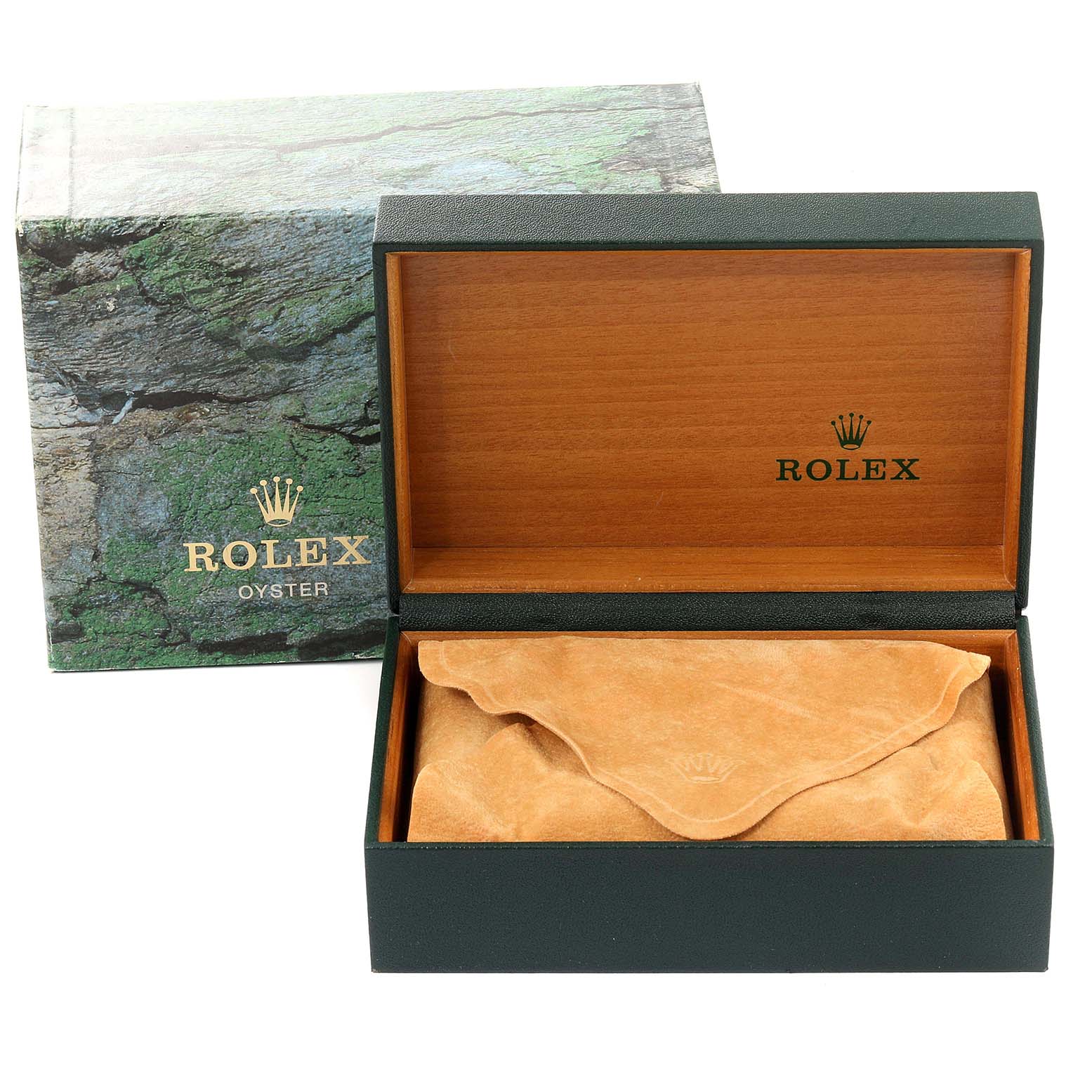 The image shows an open Rolex Datejust 16233 Men's Steel and Gold (two tone) Mother of Pearl Dial 16233 Men's Steel and Gold (two tone) Mother of Pearl Dial watch box with the outer box and a suede pouch inside.