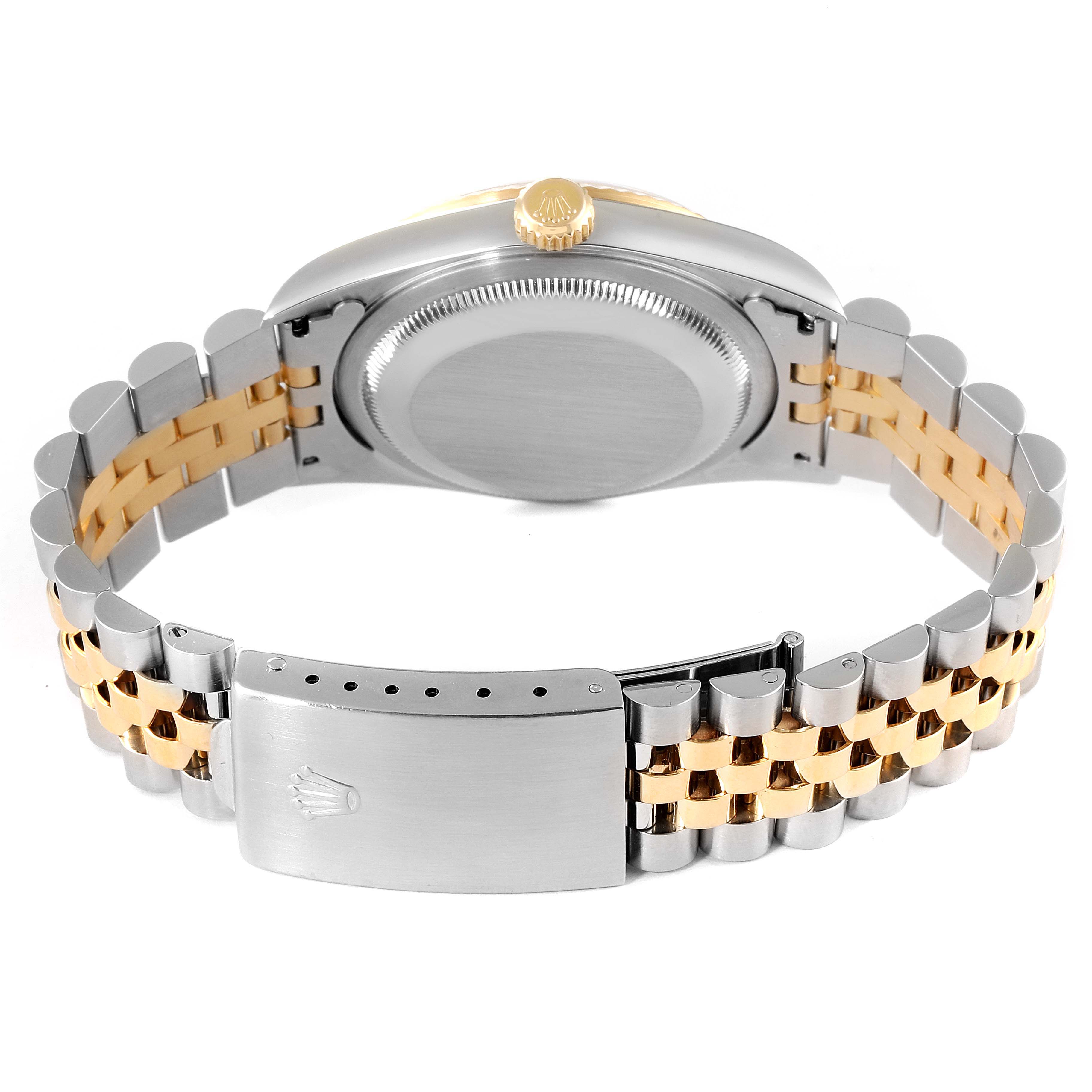 This image shows the back view of a Rolex Datejust 16233 Men's Steel and Gold (two tone) Mother of Pearl Dial 16233 Men's Steel and Gold (two tone) Mother of Pearl Dial watch, highlighting the case back, jubilee bracelet, and clasp with the Rolex logo.