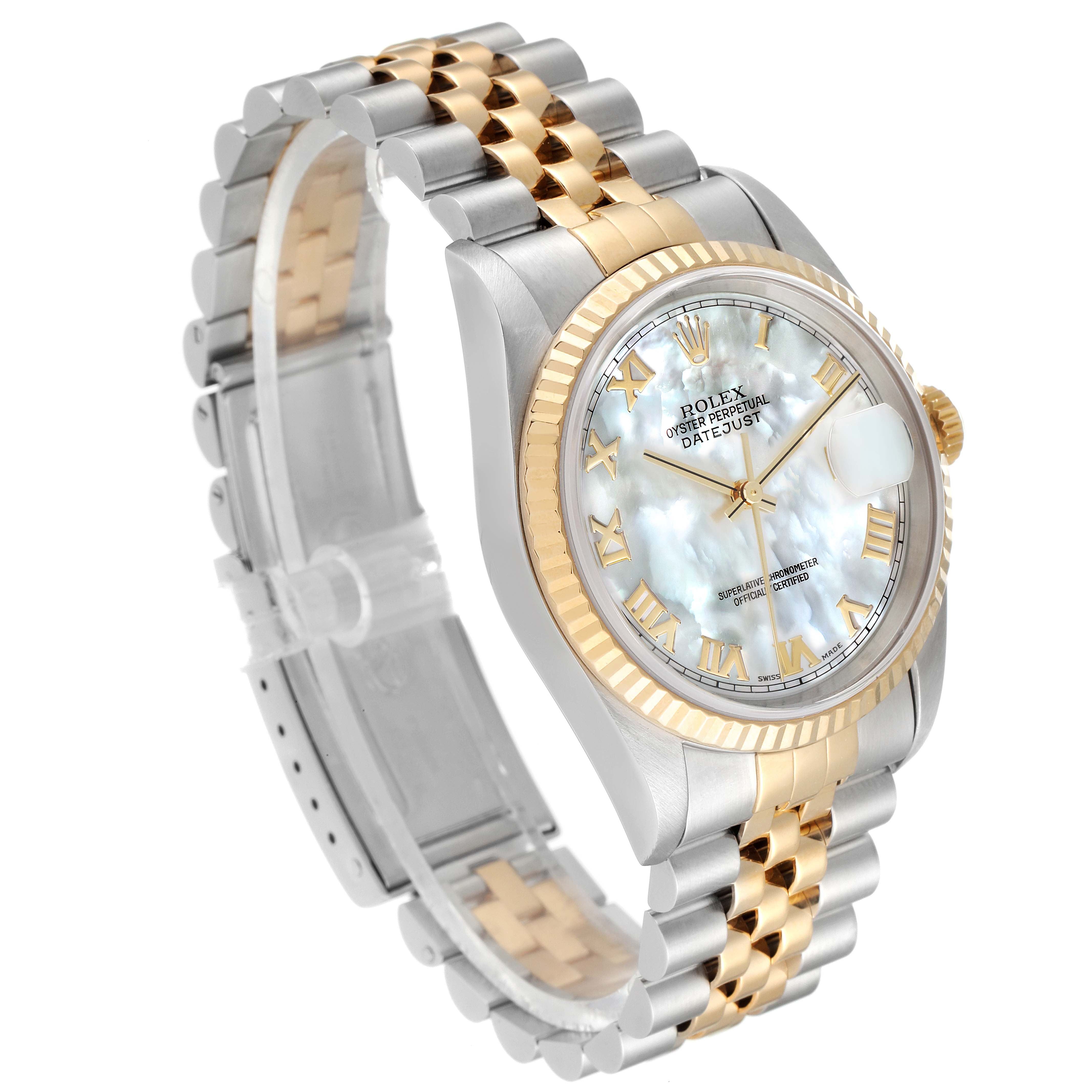 The Rolex Datejust 16233 Men's Steel and Gold (two tone) Mother of Pearl Dial 16233 Men's Steel and Gold (two tone) Mother of Pearl Dial watch is shown at a three-quarter angle, highlighting its two-tone bracelet, fluted bezel, and white dial with Roman numerals.