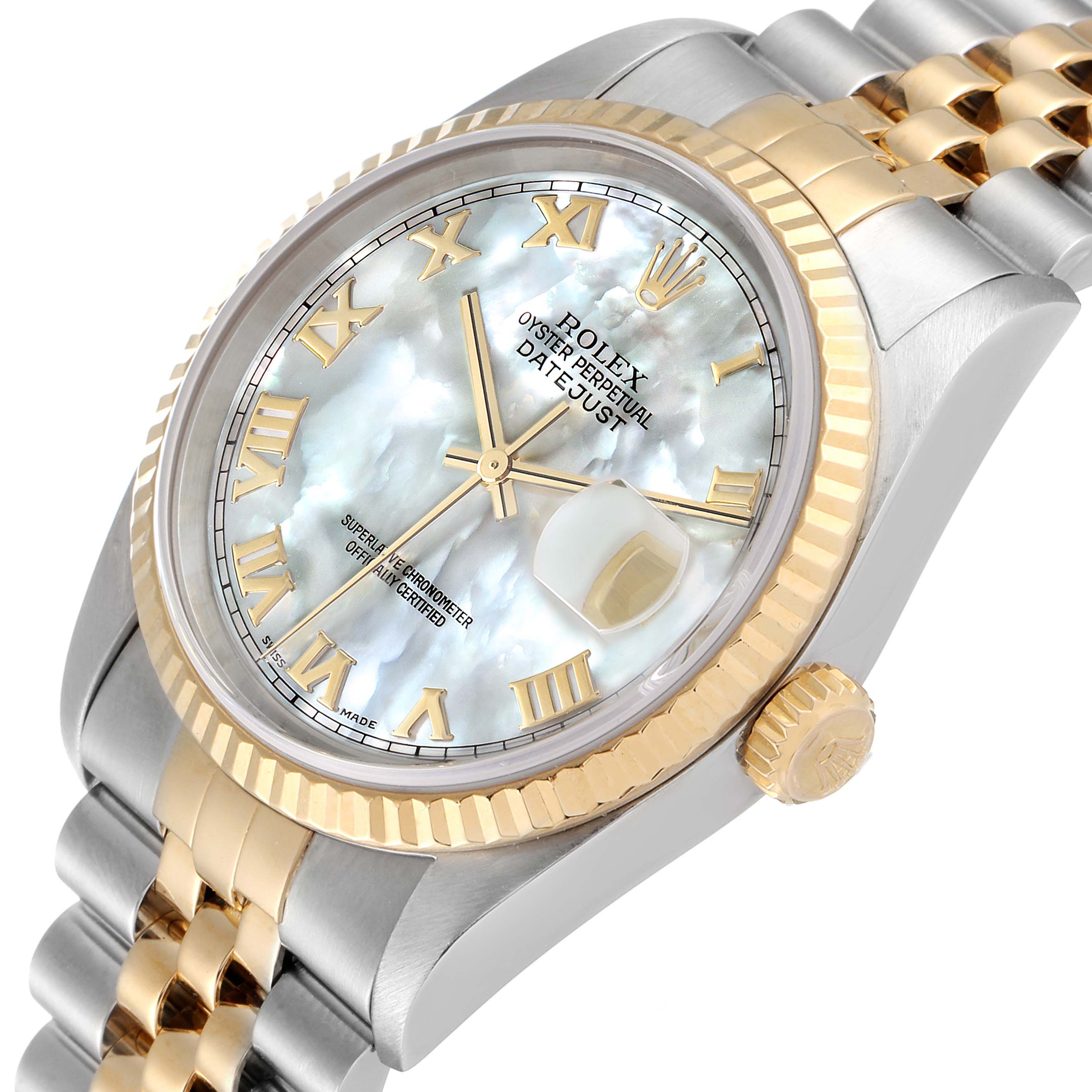 The image shows a Rolex Datejust 16233 Men's Steel and Gold (two tone) Mother of Pearl Dial 16233 Men's Steel and Gold (two tone) Mother of Pearl Dial watch at an oblique angle, highlighting the dial, bezel, crown, and part of the bracelet.