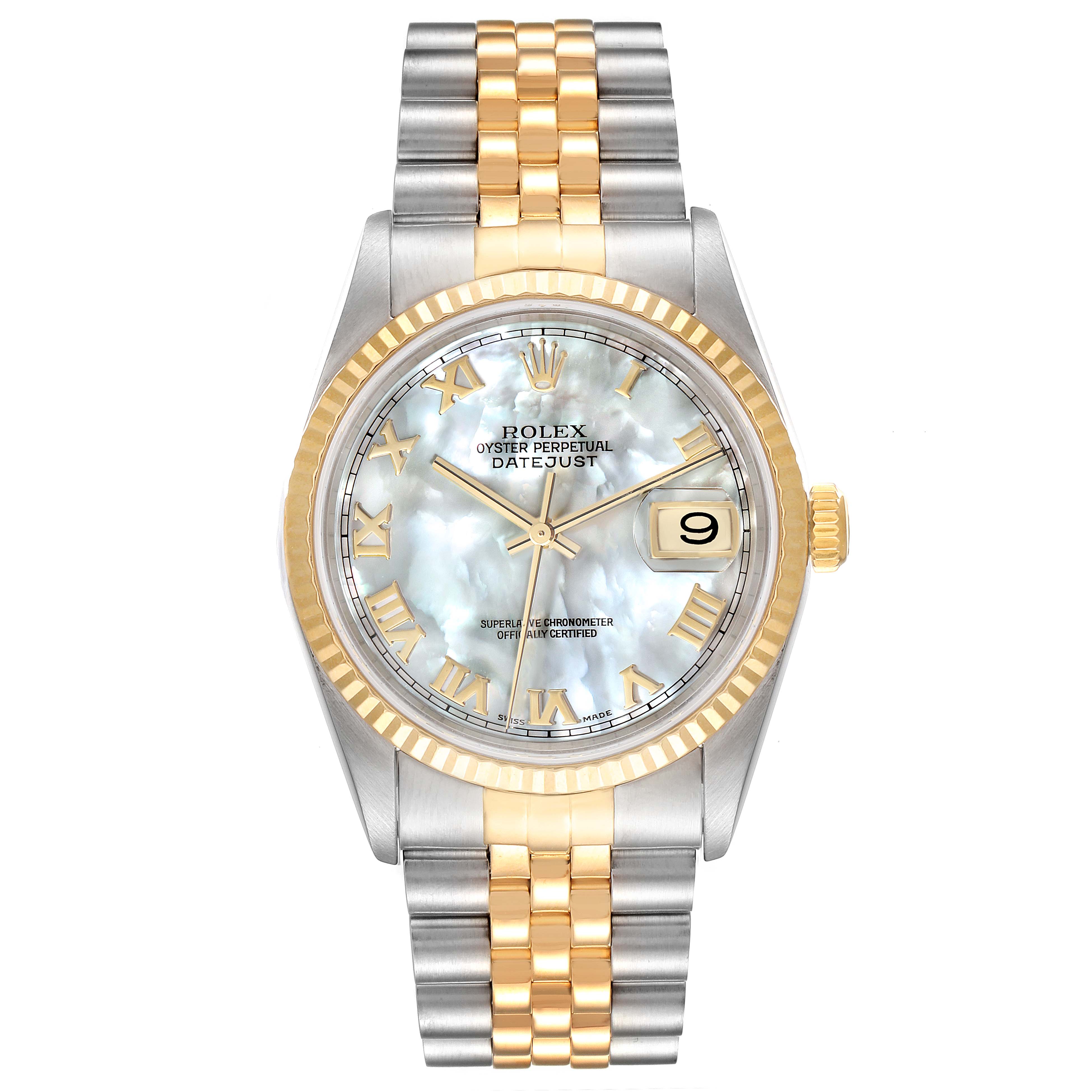 This image shows a Rolex Datejust 16233 Men's Steel and Gold (two tone) Mother of Pearl Dial 16233 Men's Steel and Gold (two tone) Mother of Pearl Dial watch from a front angle, highlighting the dial, fluted bezel, and two-tone bracelet.