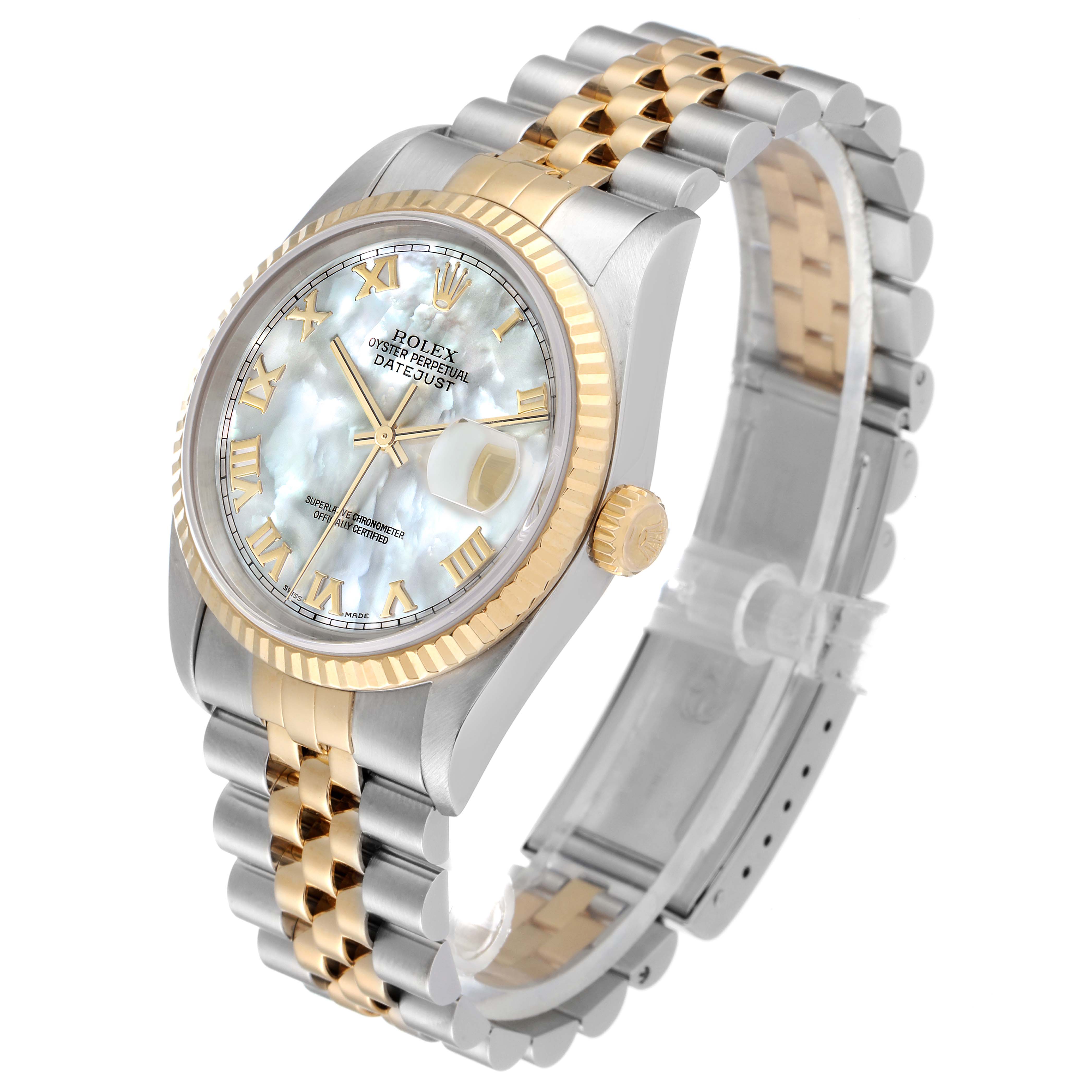 The Rolex Datejust 16233 Men's Steel and Gold (two tone) Mother of Pearl Dial 16233 Men's Steel and Gold (two tone) Mother of Pearl Dial watch is shown at an angle, highlighting its face, bezel, crown, and two-tone bracelet.