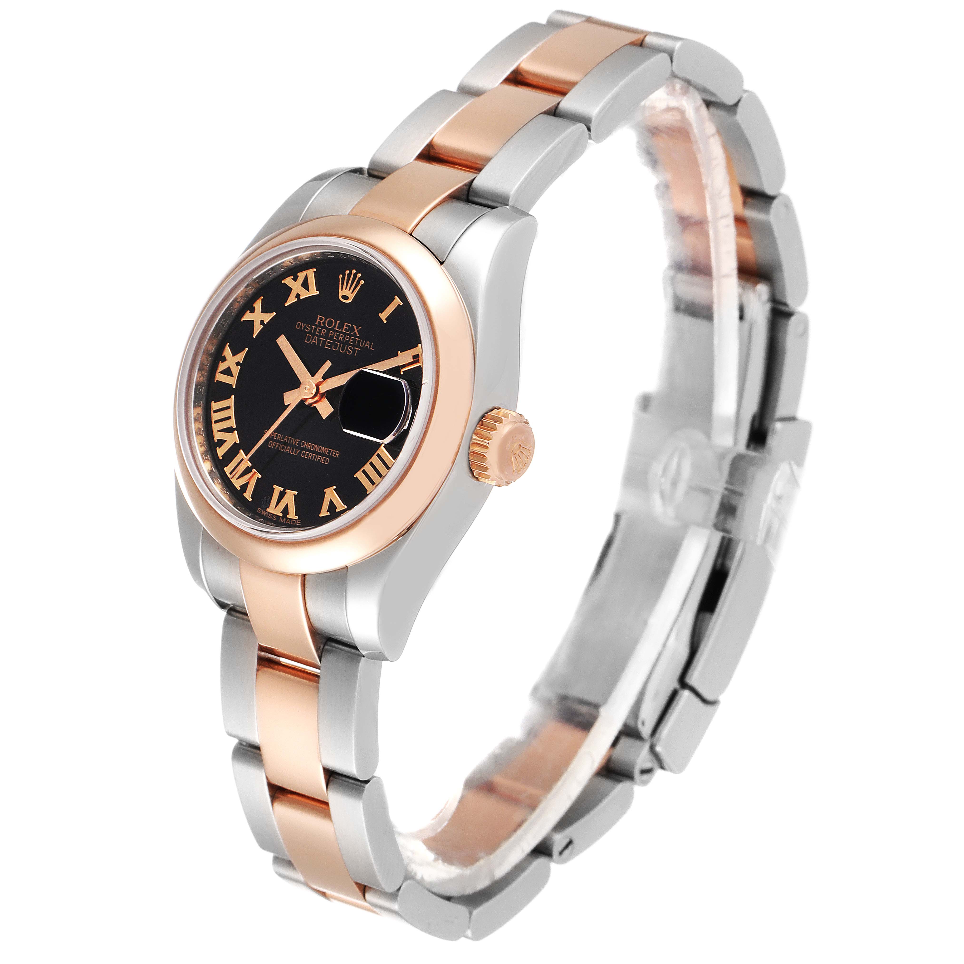 The image shows a Rolex Datejust 179161 Women's Steel and Gold (two tone) Black Dial 179161 Women's Steel and Gold (two tone) Black Dial watch from a side angle, highlighting its two-tone bracelet, crown, and black dial with Roman numerals.
