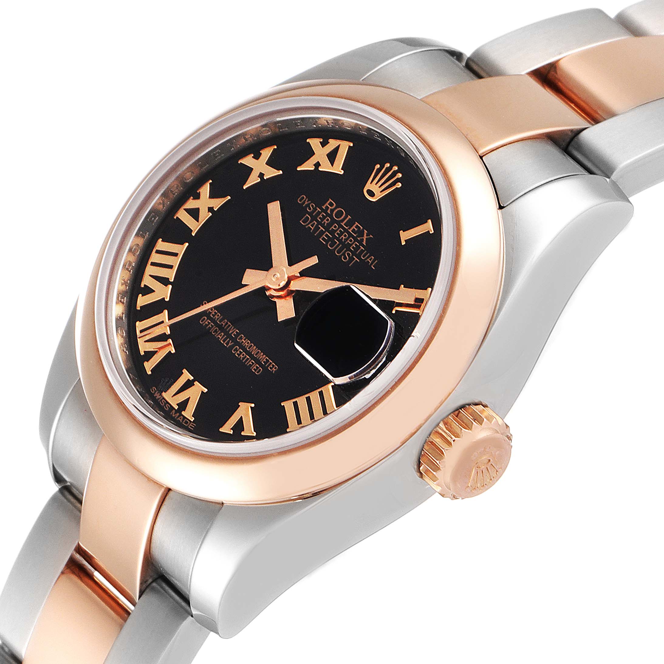 This image shows a close-up, angled view of a Rolex Datejust 179161 Women's Steel and Gold (two tone) Black Dial 179161 Women's Steel and Gold (two tone) Black Dial watch, highlighting the dial, bezel, bracelet, and crown.