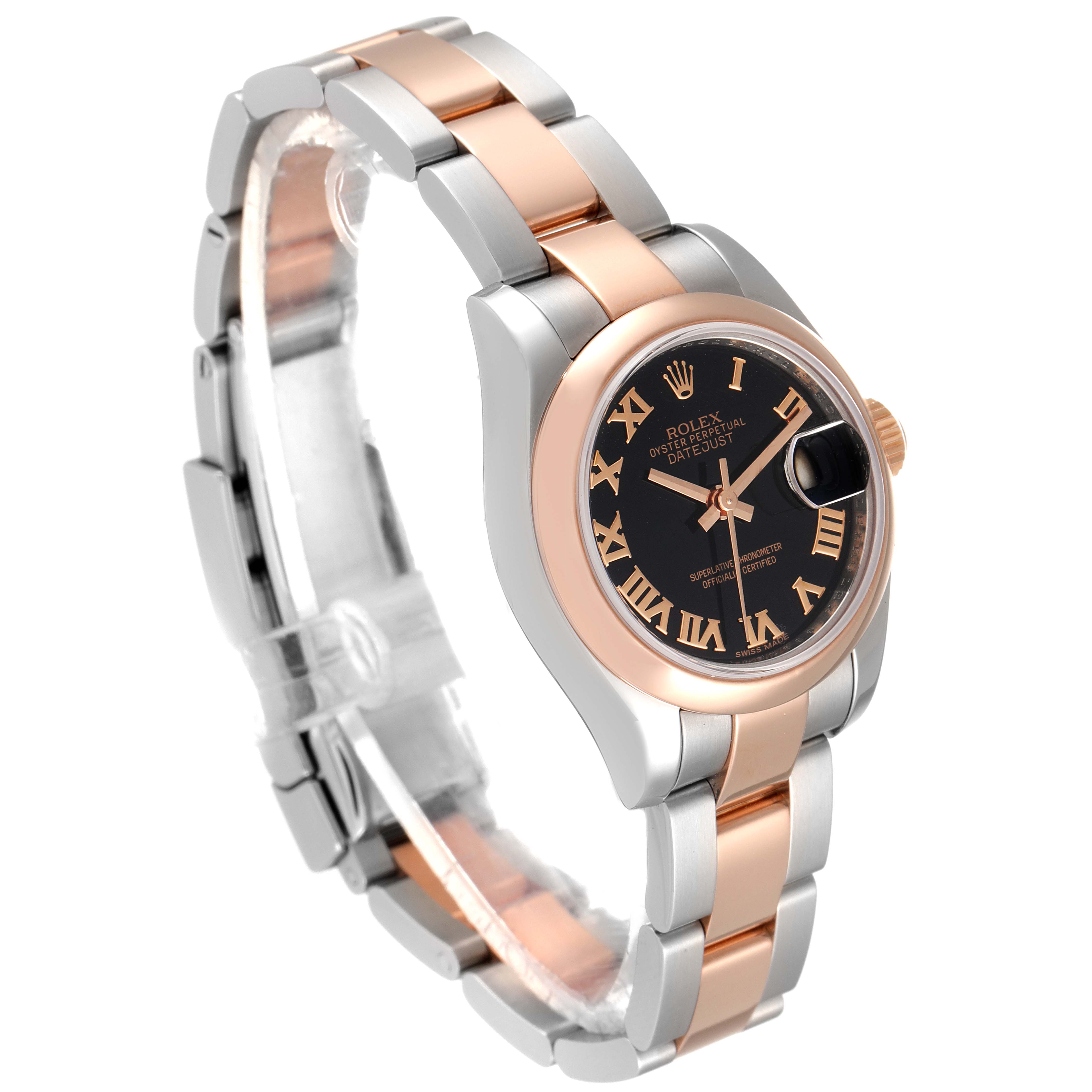 This is a Rolex Datejust 179161 Women's Steel and Gold (two tone) Black Dial 179161 Women's Steel and Gold (two tone) Black Dial watch, shown from a front-side angle, highlighting its two-tone bracelet and black dial with Roman numerals.