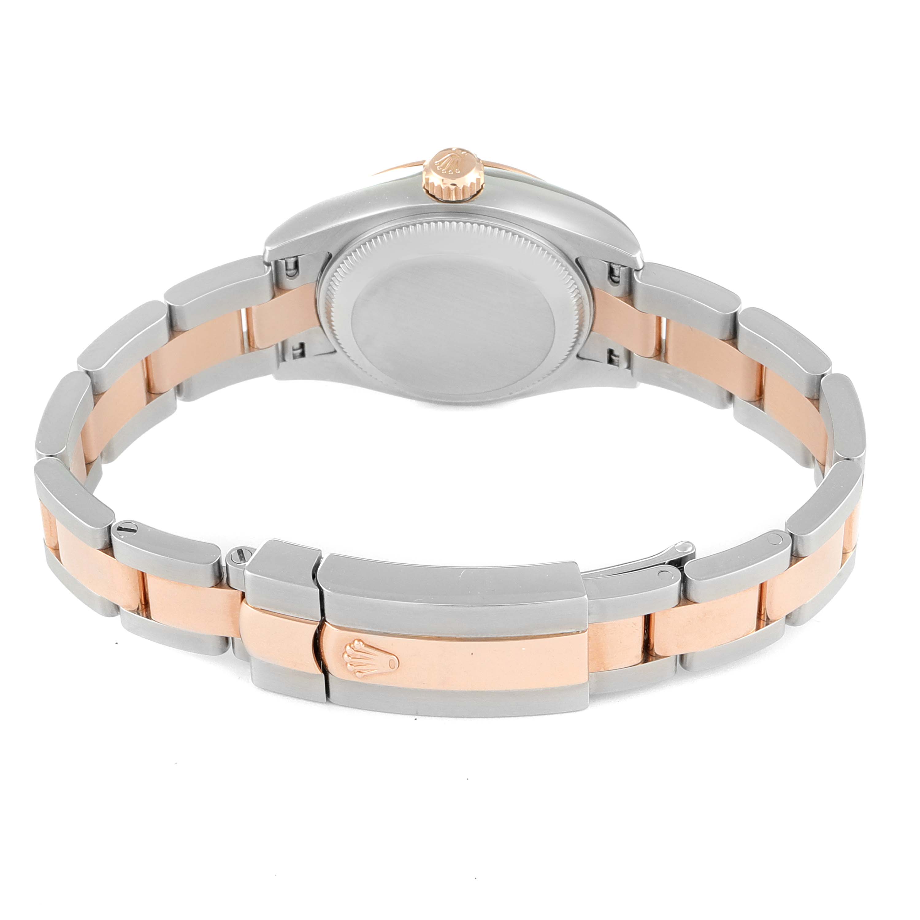 The image shows the back of a Rolex Datejust 179161 Women's Steel and Gold (two tone) Black Dial 179161 Women's Steel and Gold (two tone) Black Dial watch, highlighting the clasp and two-tone bracelet.