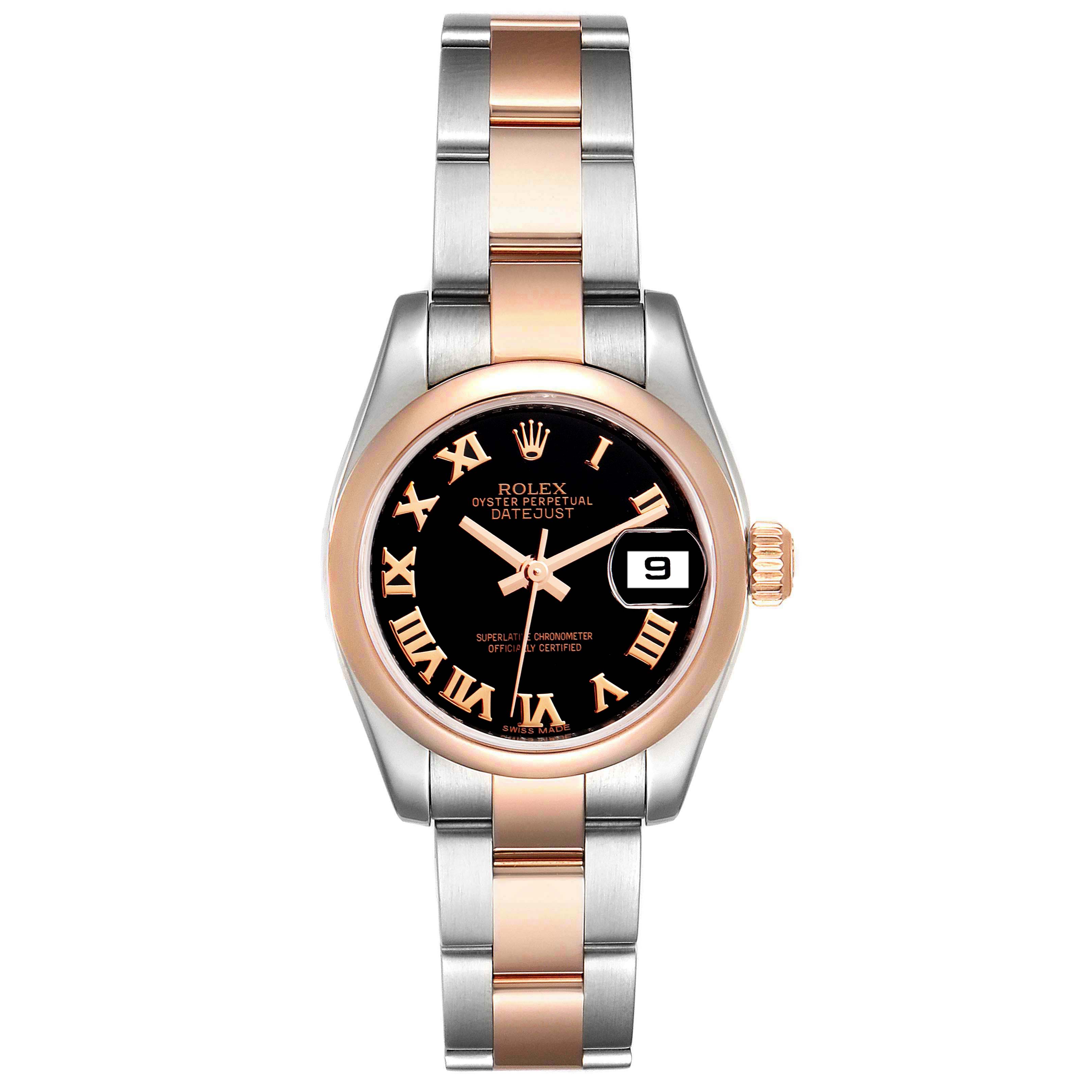 The image shows a front view of a Rolex Datejust 179161 Women's Steel and Gold (two tone) Black Dial 179161 Women's Steel and Gold (two tone) Black Dial watch with a two-tone bracelet, a black dial, and Roman numerals.