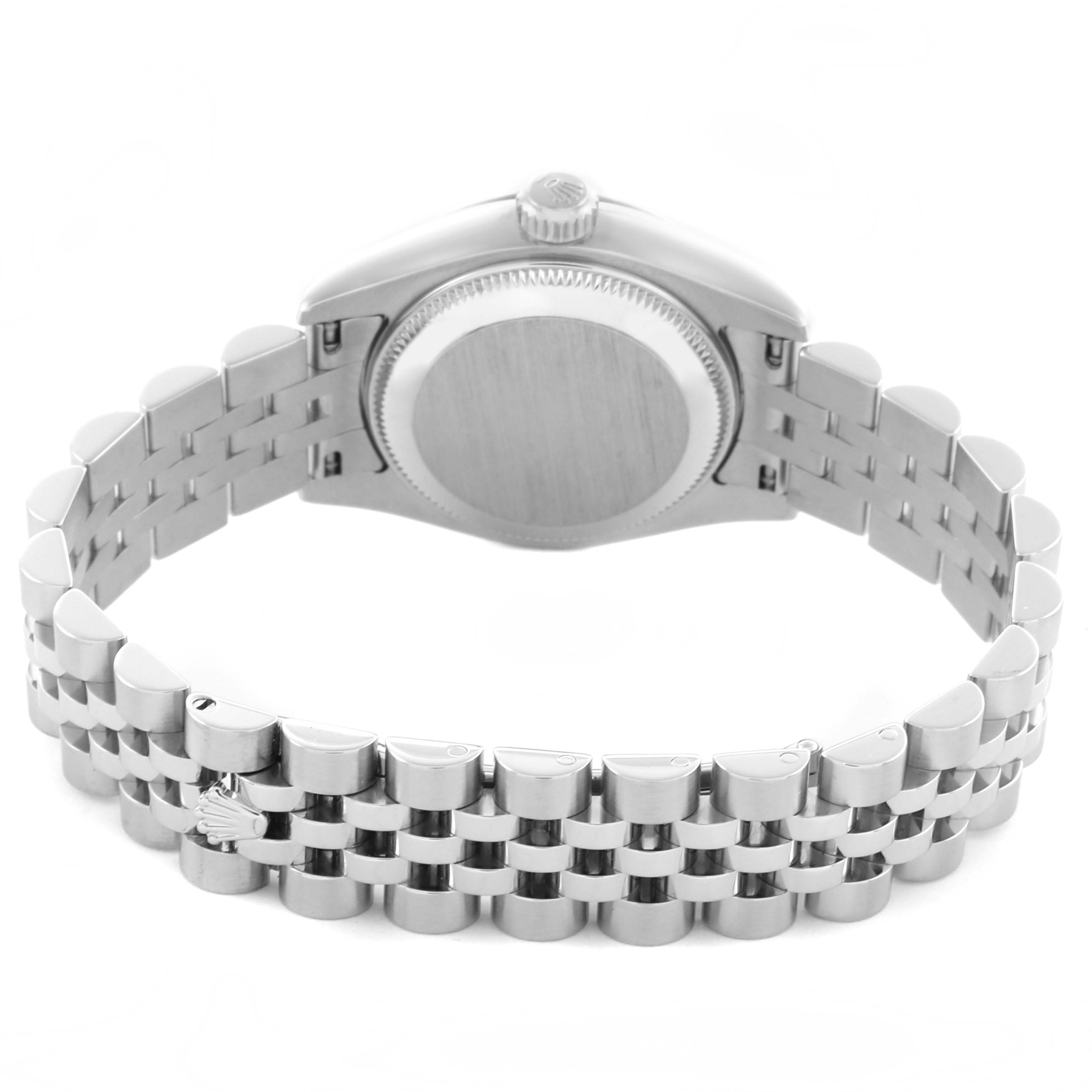 The image shows a Rolex Datejust 179174 Women's Stainless Steel Blue Dial 179174 Women's Stainless Steel Blue Dial watch from the back, highlighting the case back and Jubilee bracelet.