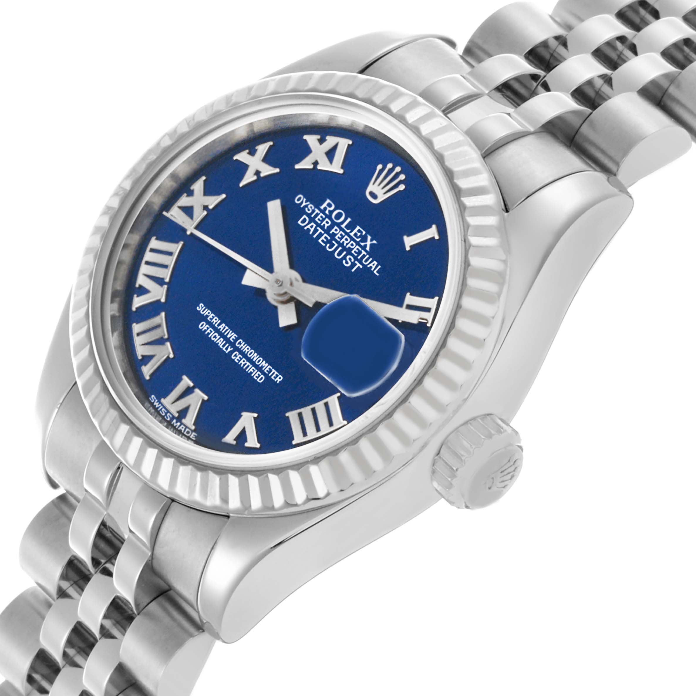The Rolex Datejust 179174 Women's Stainless Steel Blue Dial 179174 Women's Stainless Steel Blue Dial watch is shown at an angle highlighting its blue dial, fluted bezel, stainless steel bracelet, and crown.