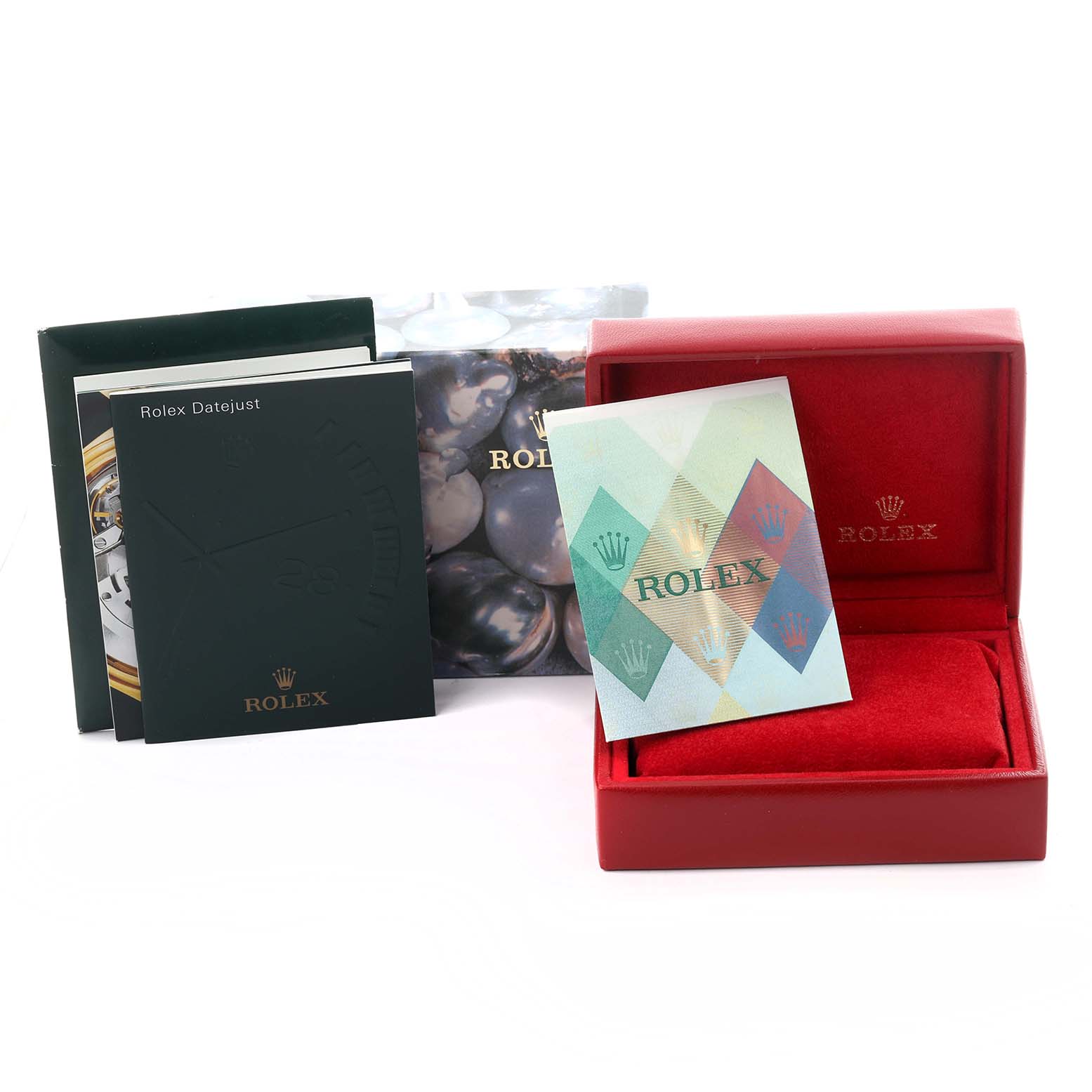 The image shows a Rolex Datejust 179174 Women's Stainless Steel Blue Dial 179174 Women's Stainless Steel Blue Dial box, manuals, and authenticity card from a front angle.