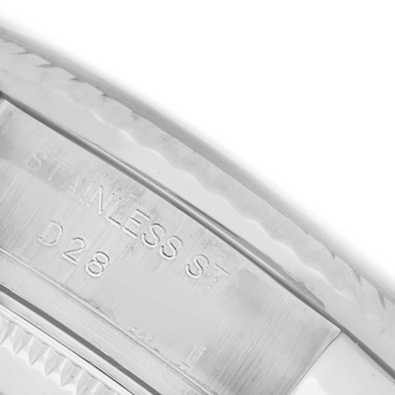The image shows a close-up of the case with engraved markings on a Rolex Datejust 179174 Women's Stainless Steel Blue Dial 179174 Women's Stainless Steel Blue Dial watch.
