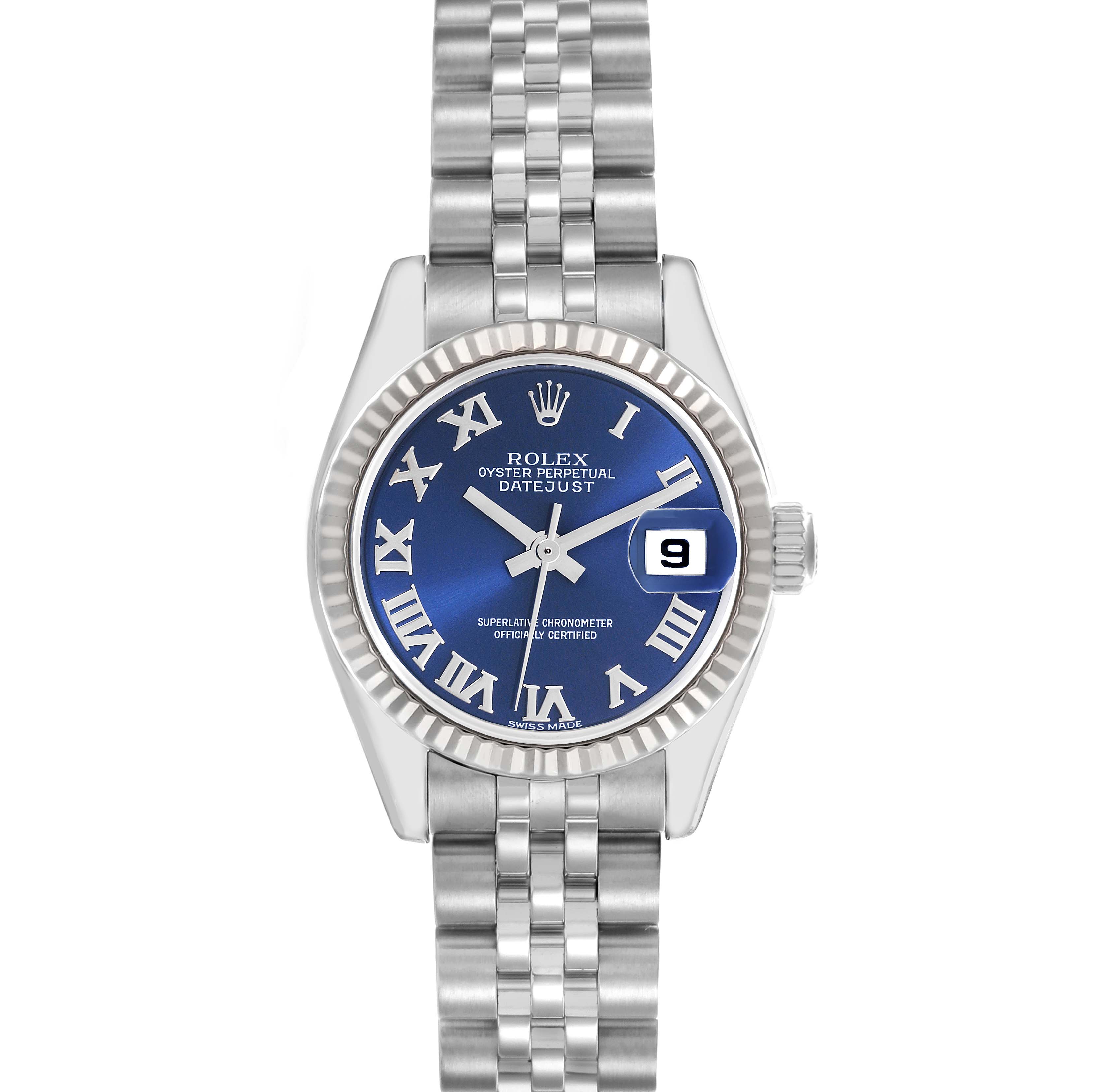 The Rolex Datejust 179174 Women's Stainless Steel Blue Dial 179174 Women's Stainless Steel Blue Dial watch is shown from a front angle, highlighting the blue dial, Roman numerals, fluted bezel, and Jubilee bracelet.