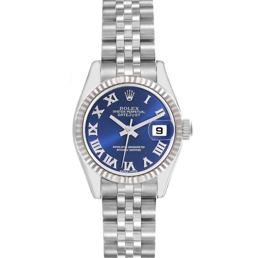 The Rolex Datejust watch is shown from a front angle, highlighting the blue dial, Roman numerals, fluted bezel, and Jubilee bracelet.