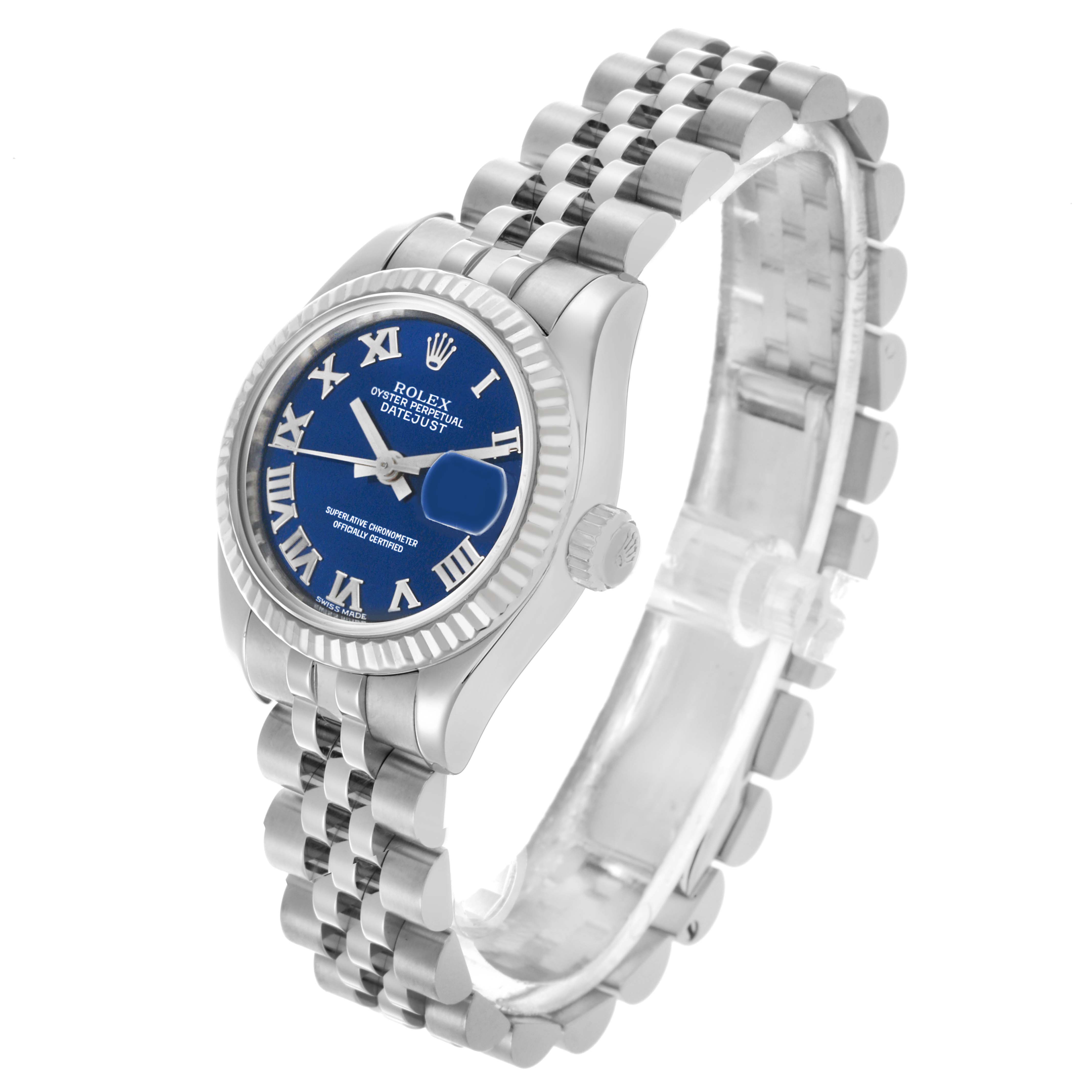 The Rolex Datejust 179174 Women's Stainless Steel Blue Dial 179174 Women's Stainless Steel Blue Dial watch is shown from a three-quarter angle, displaying the face, bezel, crown, and bracelet.