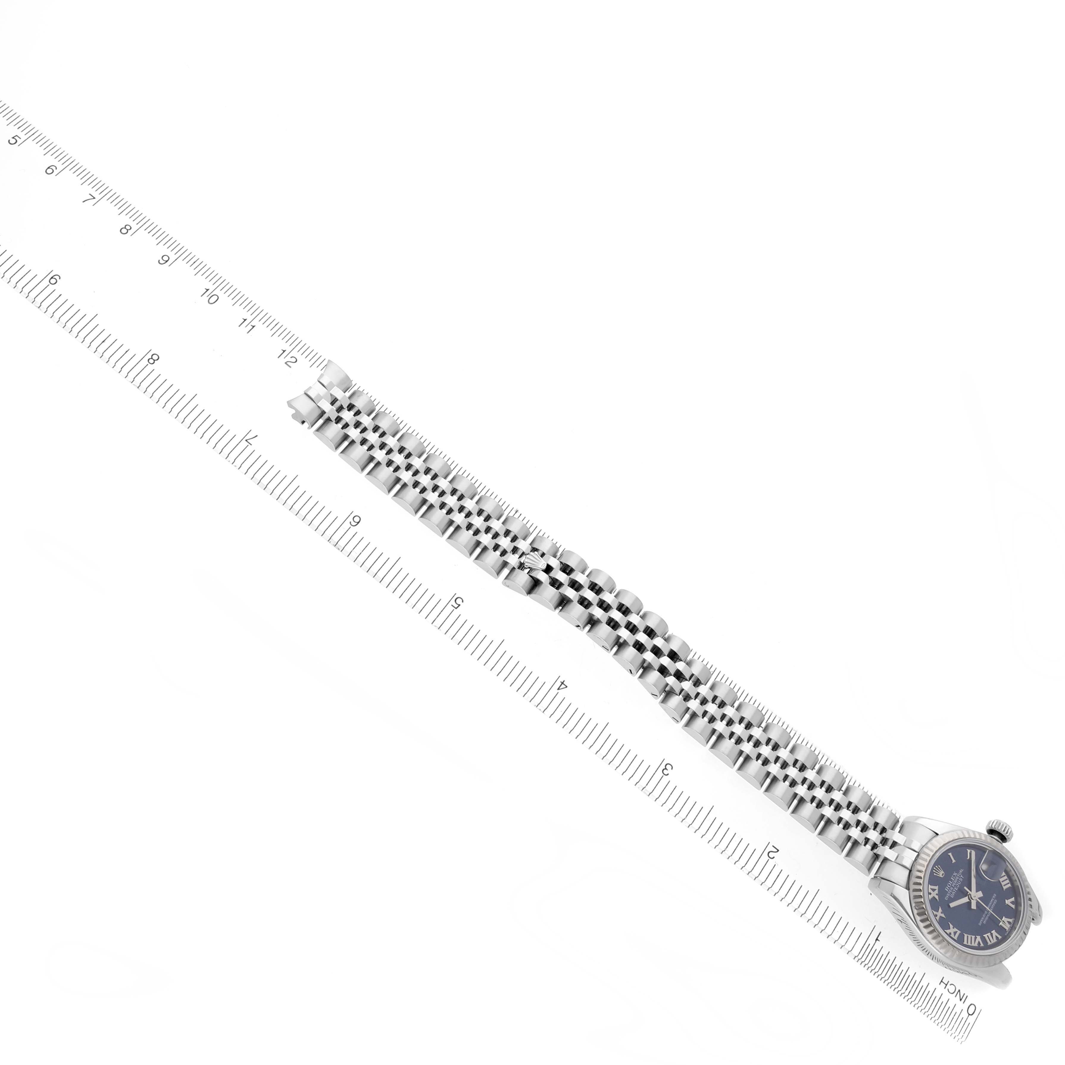 The image shows a Rolex Datejust 179174 Women's Stainless Steel Blue Dial 179174 Women's Stainless Steel Blue Dial watch from a top angle, highlighting the bracelet and partially the watch face.