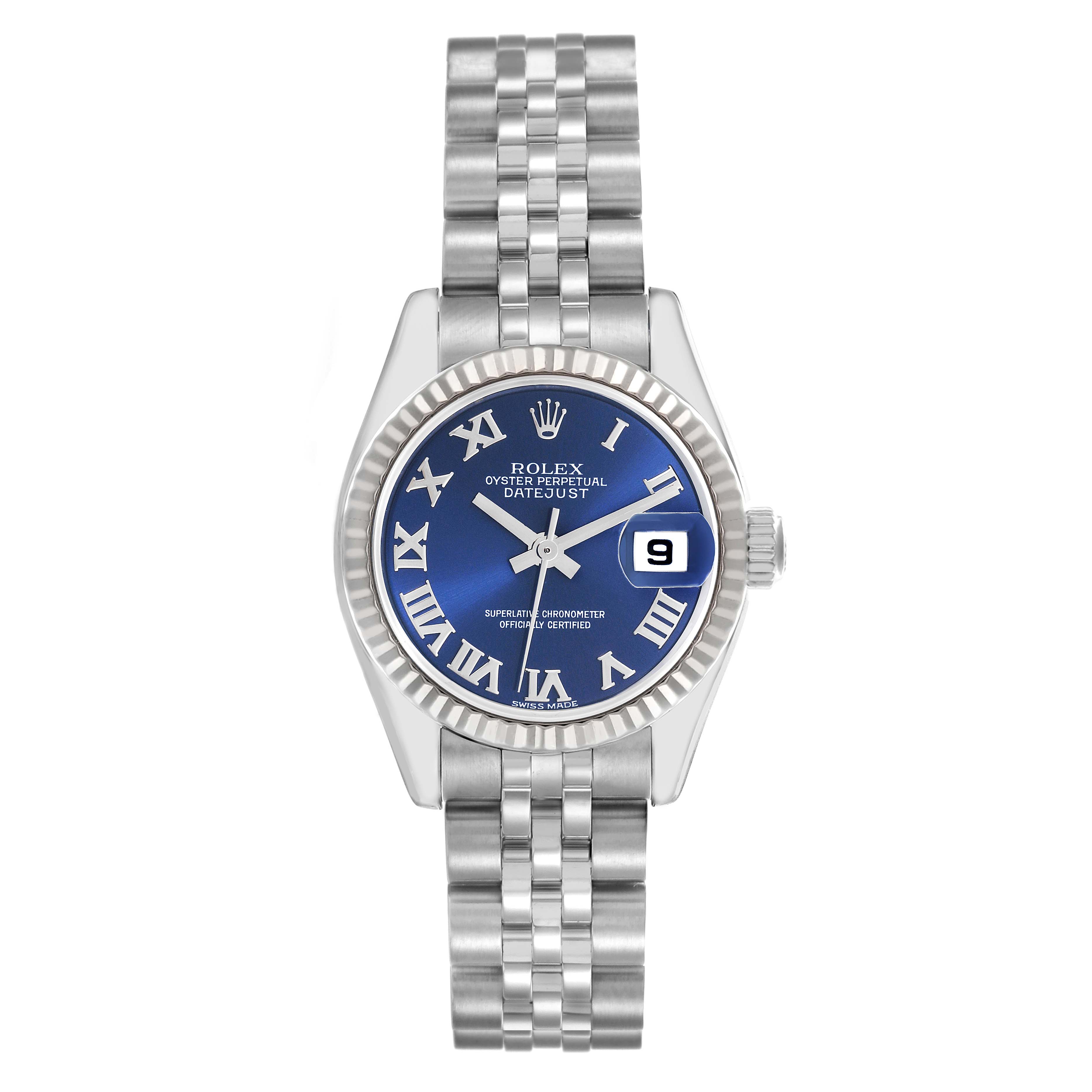 The Rolex Datejust 179174 Women's Stainless Steel Blue Dial 179174 Women's Stainless Steel Blue Dial watch is shown from a top-down angle, displaying the dial, bezel, crown, and bracelet.