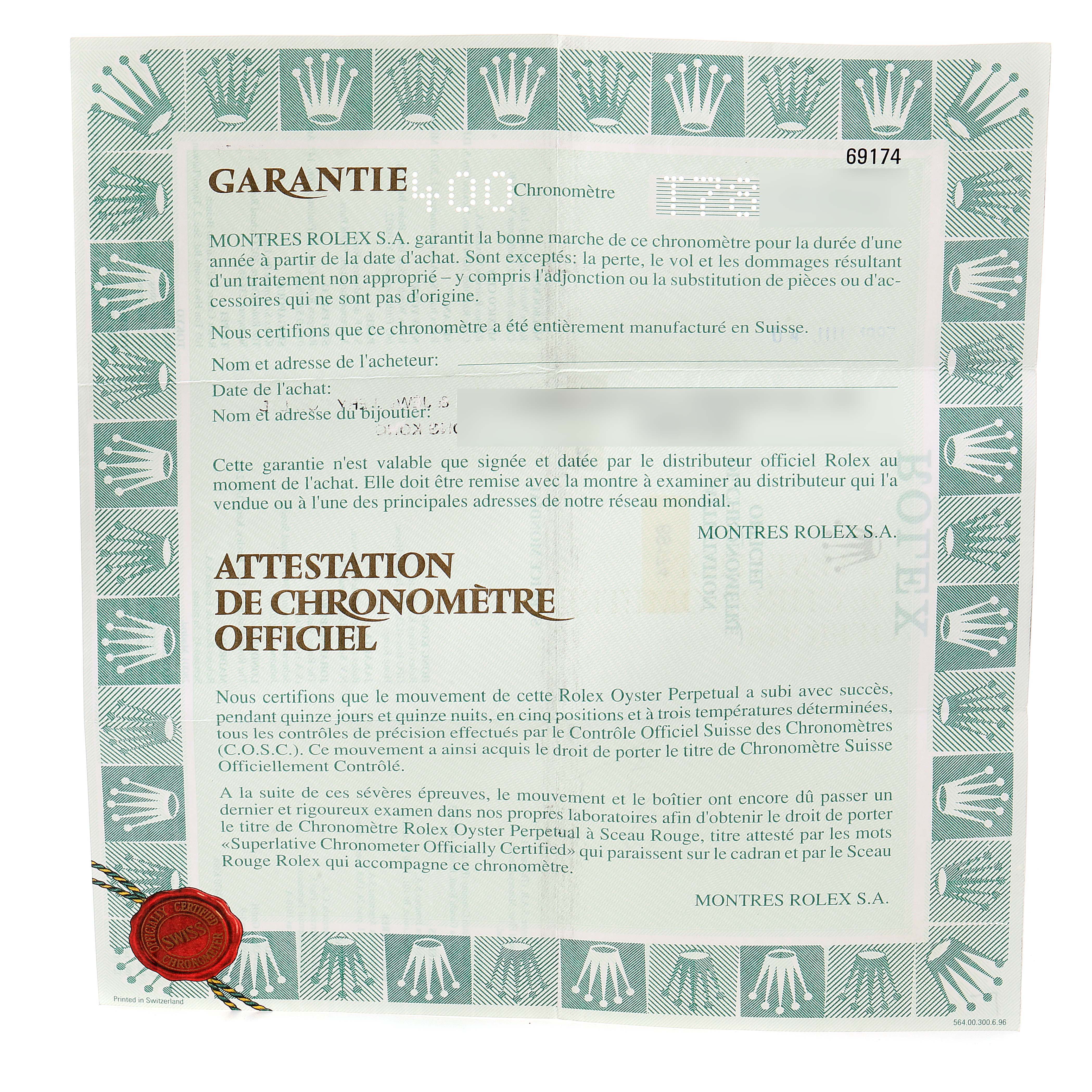 This image shows the guarantee and official chronometer certification documents for a Rolex Datejust 69174 Women's Stainless Steel Silver Dial 69174 Women's Stainless Steel Silver Dial model watch.