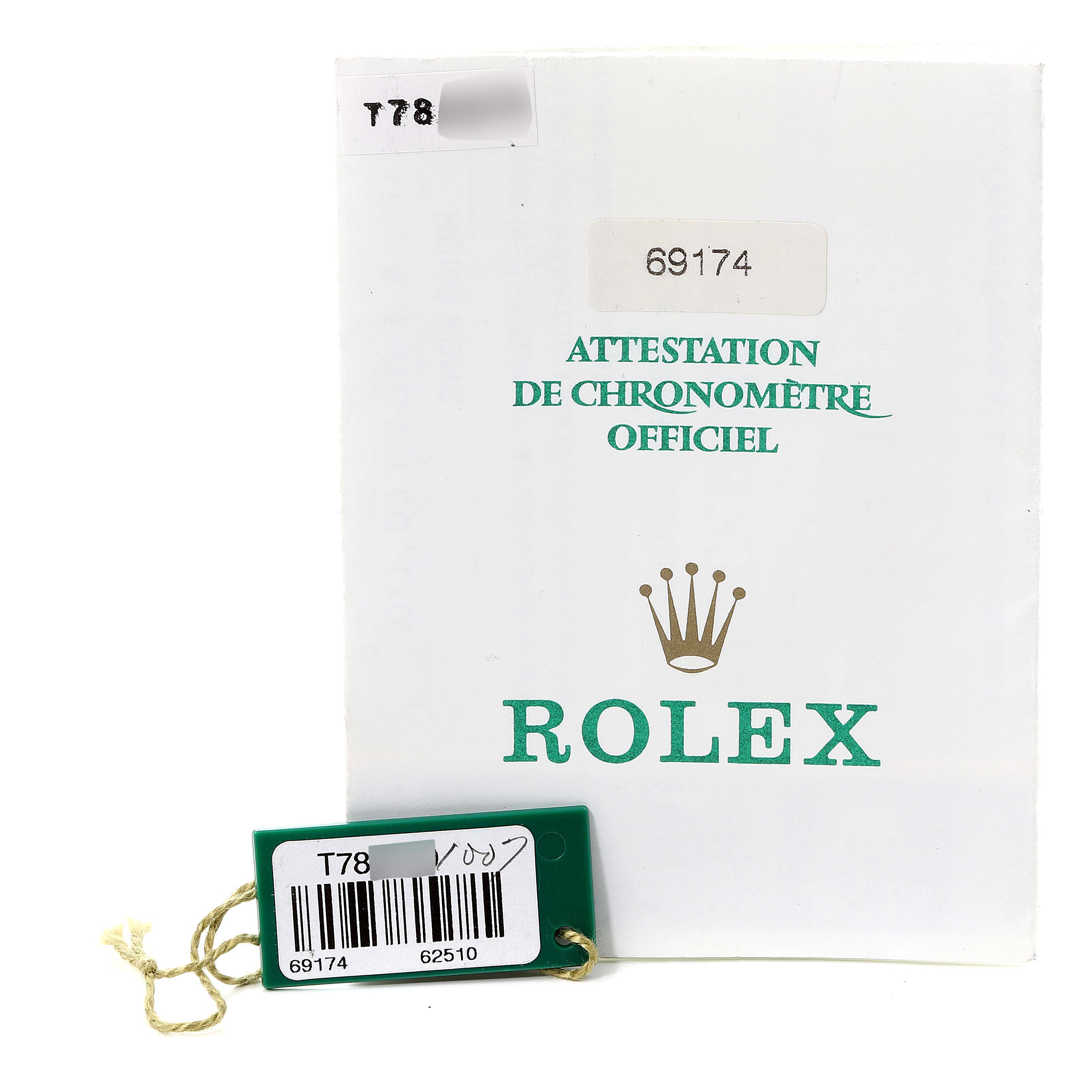 The image shows a Rolex Datejust 69174 Women's Stainless Steel Silver Dial 69174 Women's Stainless Steel Silver Dial certification card and tag with the model number 69174.