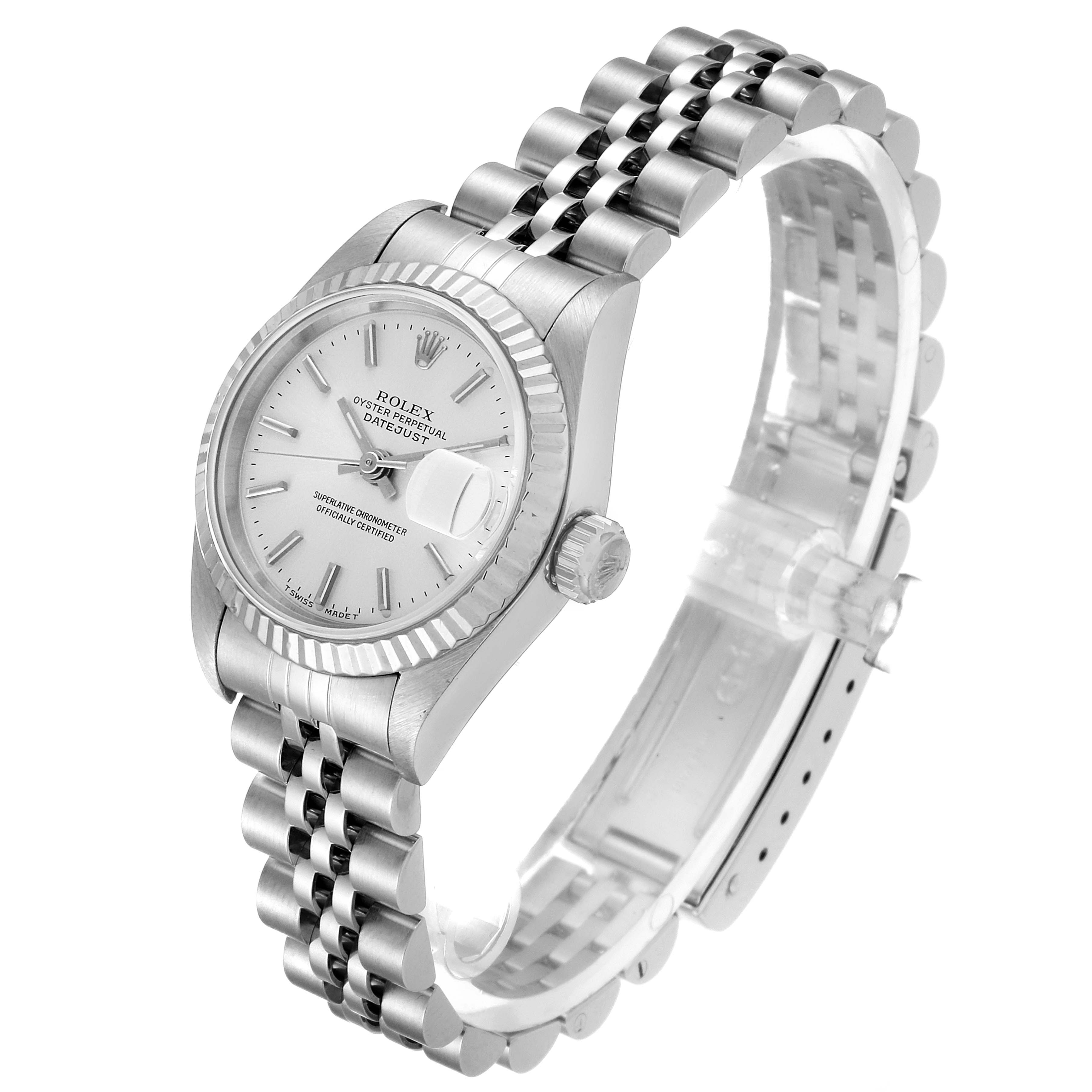 The image shows a Rolex Datejust 69174 Women's Stainless Steel Silver Dial 69174 Women's Stainless Steel Silver Dial watch from an angled side view, highlighting its face, bezel, crown, and bracelet.
