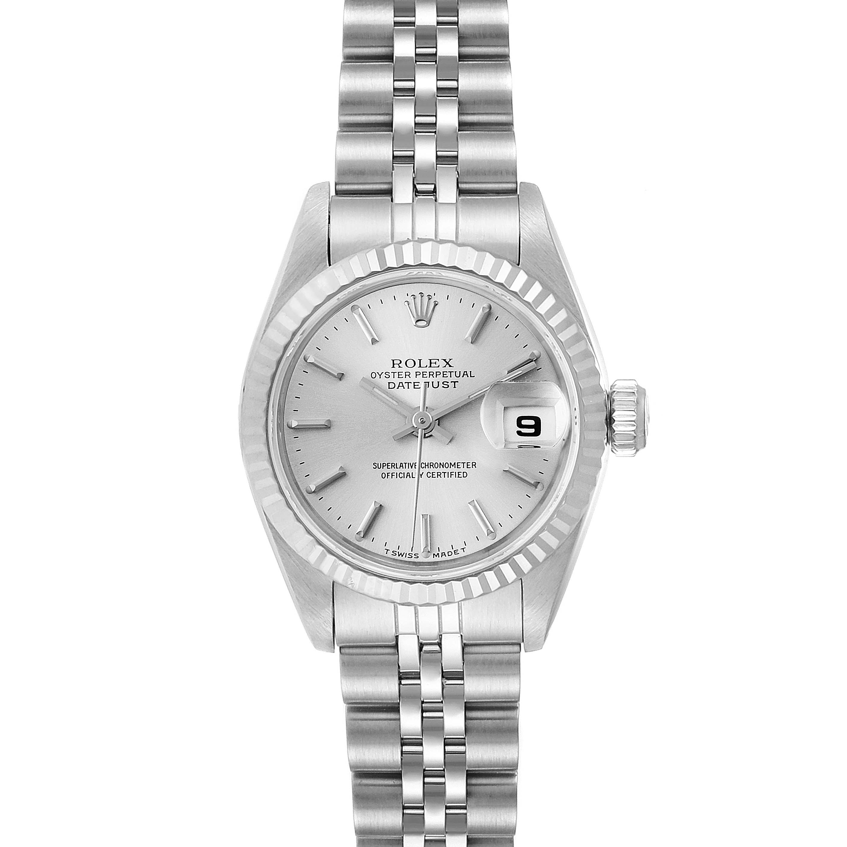 This image shows the front view of a Rolex Datejust 69174 Women's Stainless Steel Silver Dial 69174 Women's Stainless Steel Silver Dial watch, highlighting its dial, bezel, and bracelet.