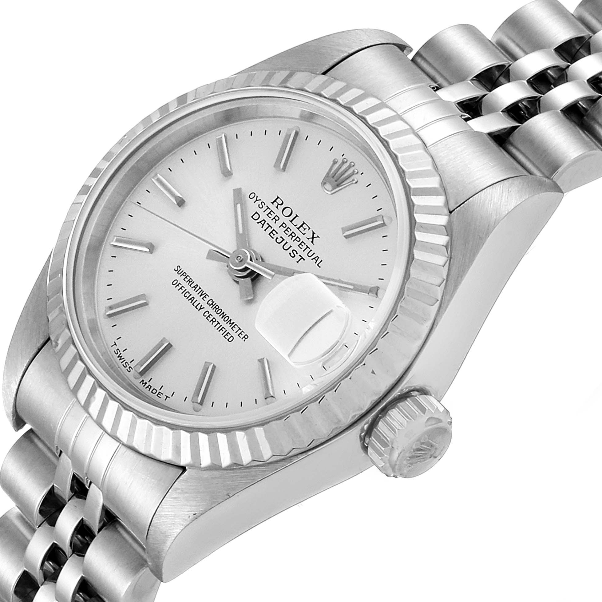 The image shows a close-up angled view of the Rolex Datejust 69174 Women's Stainless Steel Silver Dial 69174 Women's Stainless Steel Silver Dial watch, highlighting the dial, bezel, crown, and part of the bracelet.