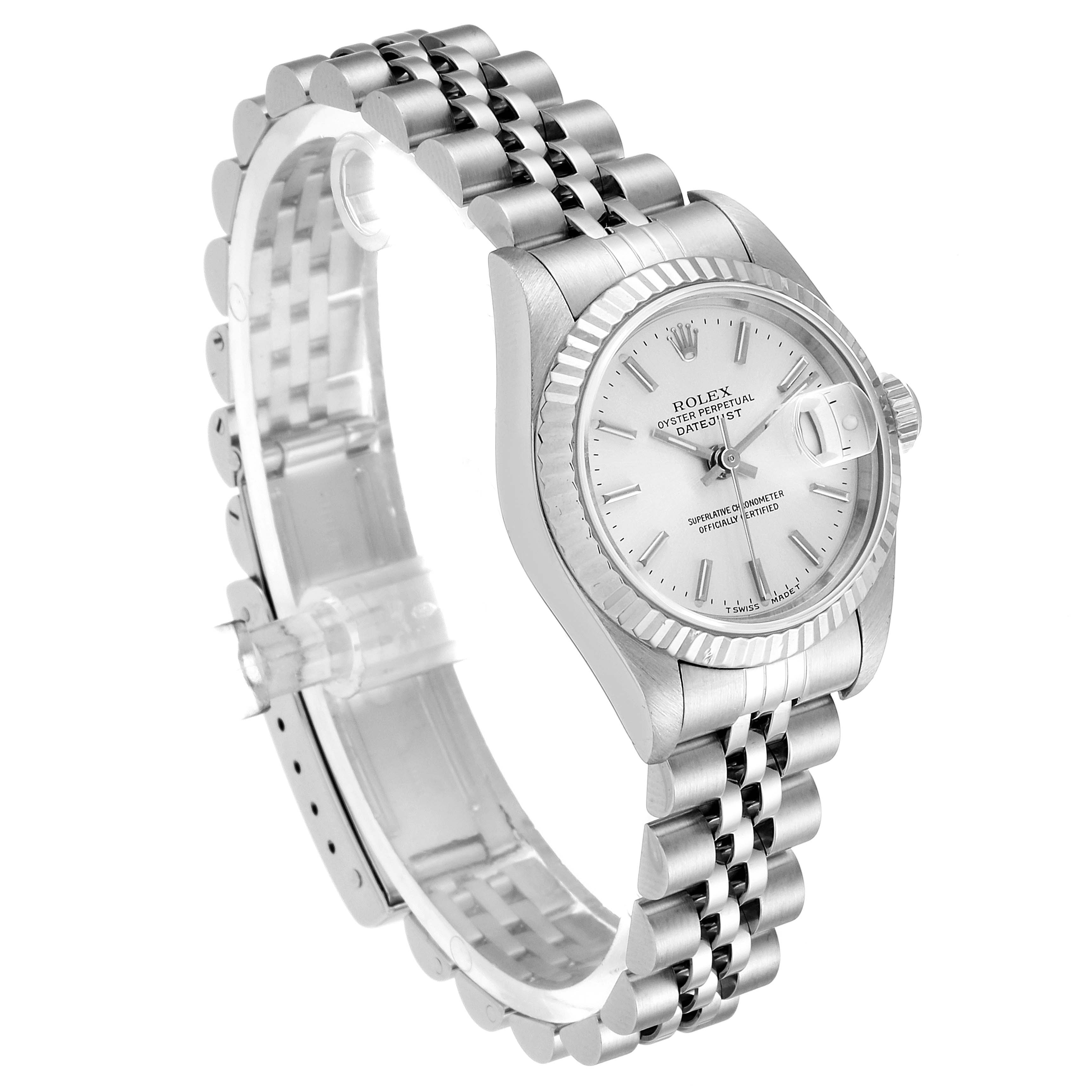 This image shows a Rolex Datejust 69174 Women's Stainless Steel Silver Dial 69174 Women's Stainless Steel Silver Dial watch from an angled side view, highlighting the face, case, bracelet, and crown.