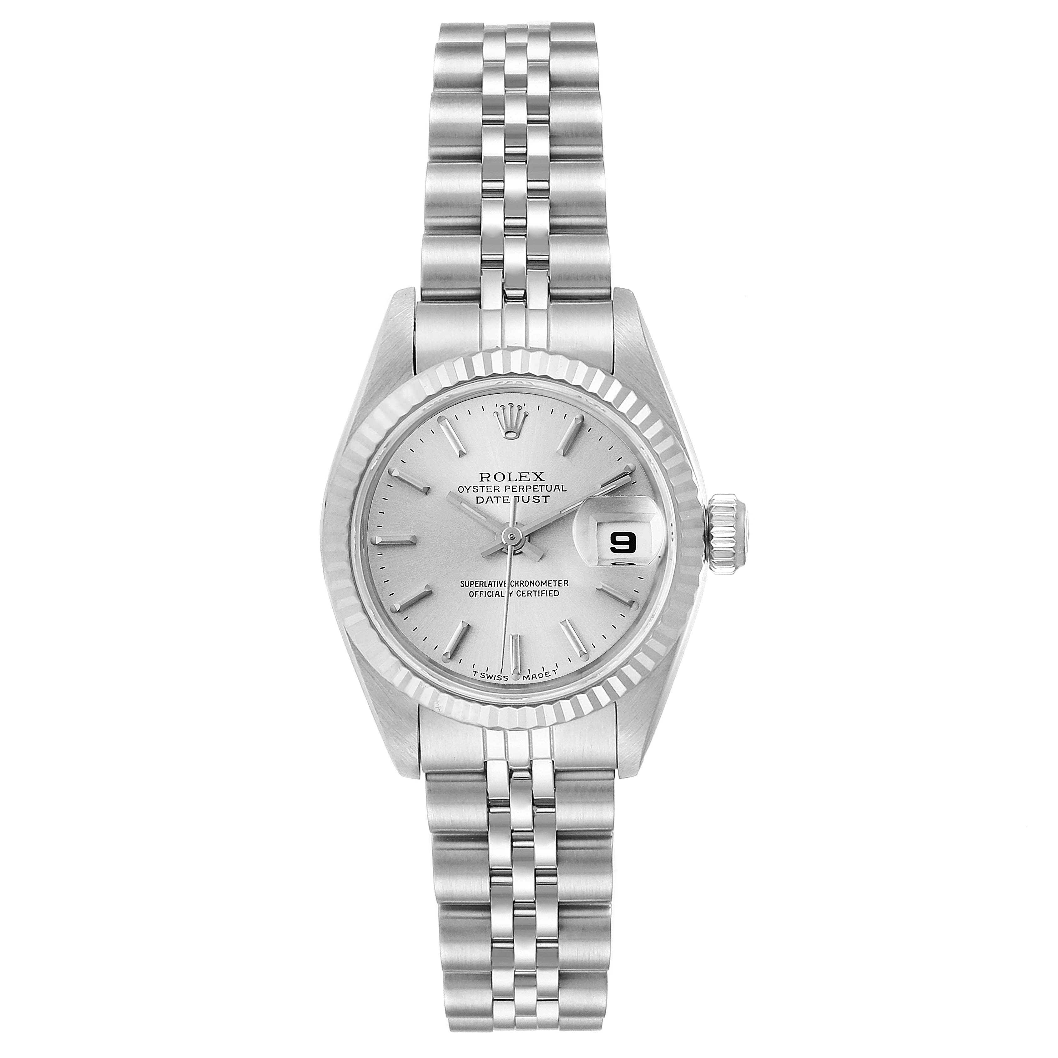 This image shows a front view of a Rolex Datejust 69174 Women's Stainless Steel Silver Dial 69174 Women's Stainless Steel Silver Dial watch, displaying the dial, bezel, bracelet, and date window at 3 o'clock.