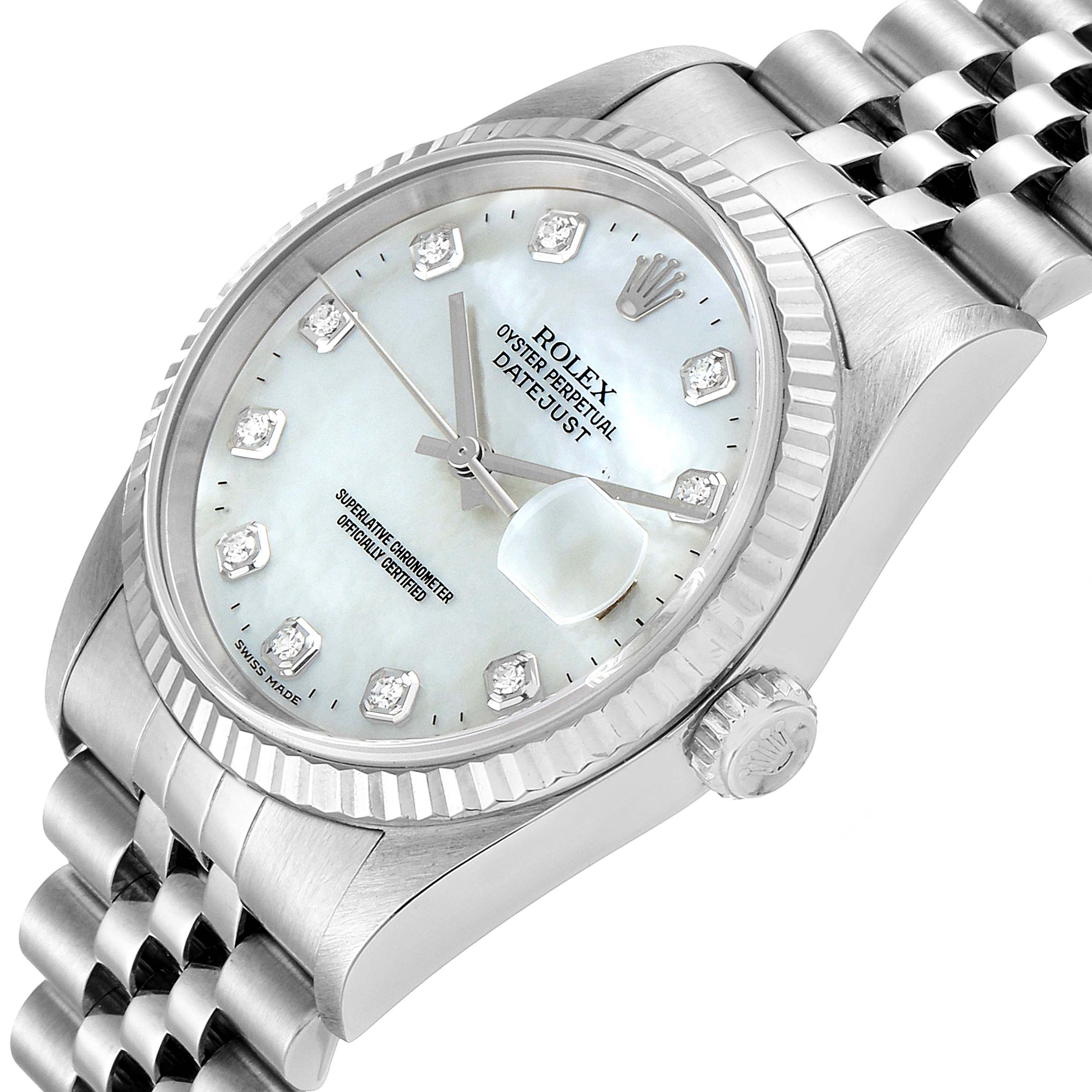 The image shows a close-up, angled view of the Rolex Datejust 16234 Men
s Stainless Steel Mother of Pearl Dial 16234 Men
s Stainless Steel Mother of Pearl Dial watch, highlighting the dial, bezel, and part of the bracelet.