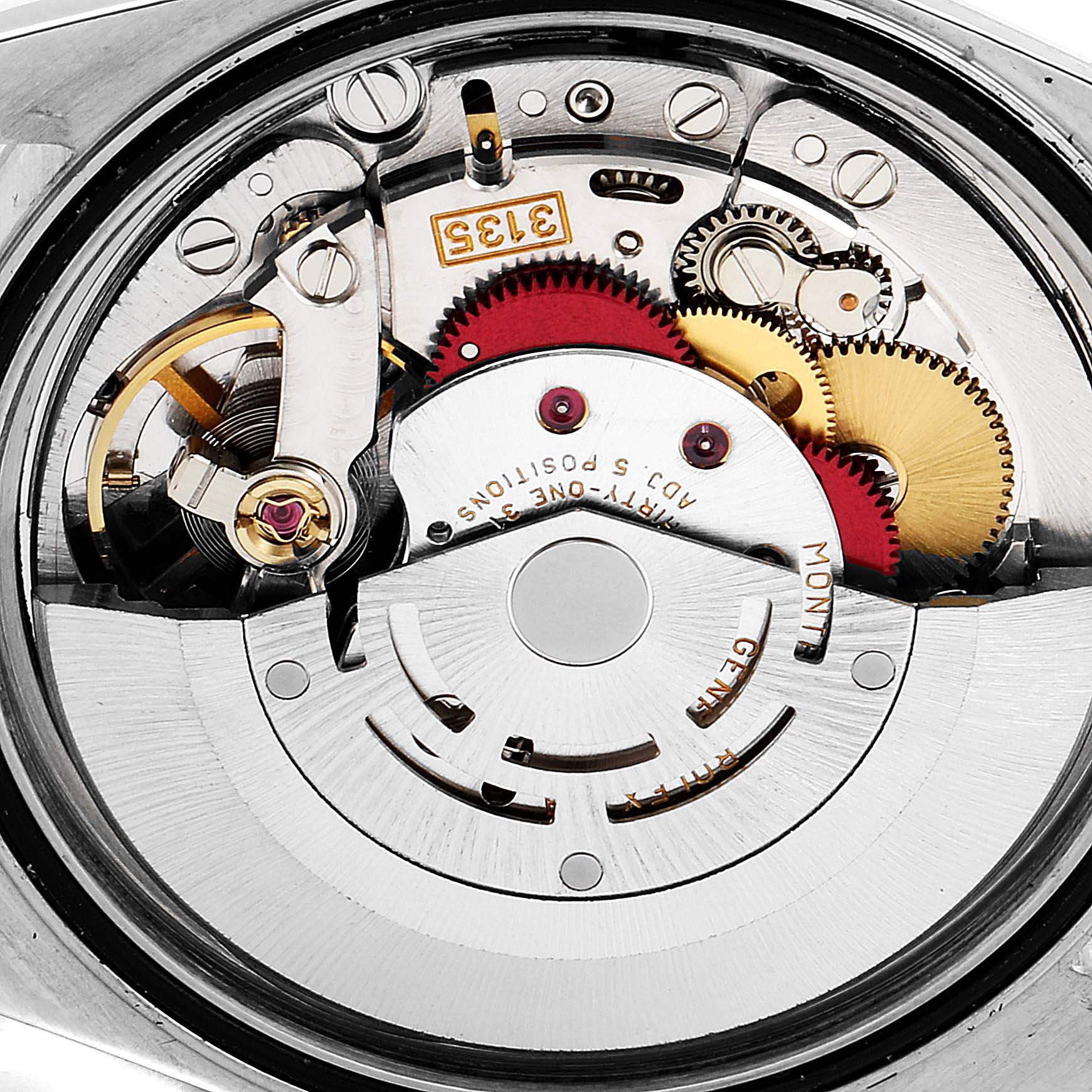 This image shows the intricate internal mechanism of a Rolex Datejust 16234 Men
s Stainless Steel Mother of Pearl Dial 16234 Men
s Stainless Steel Mother of Pearl Dial watch from a close-up angle.