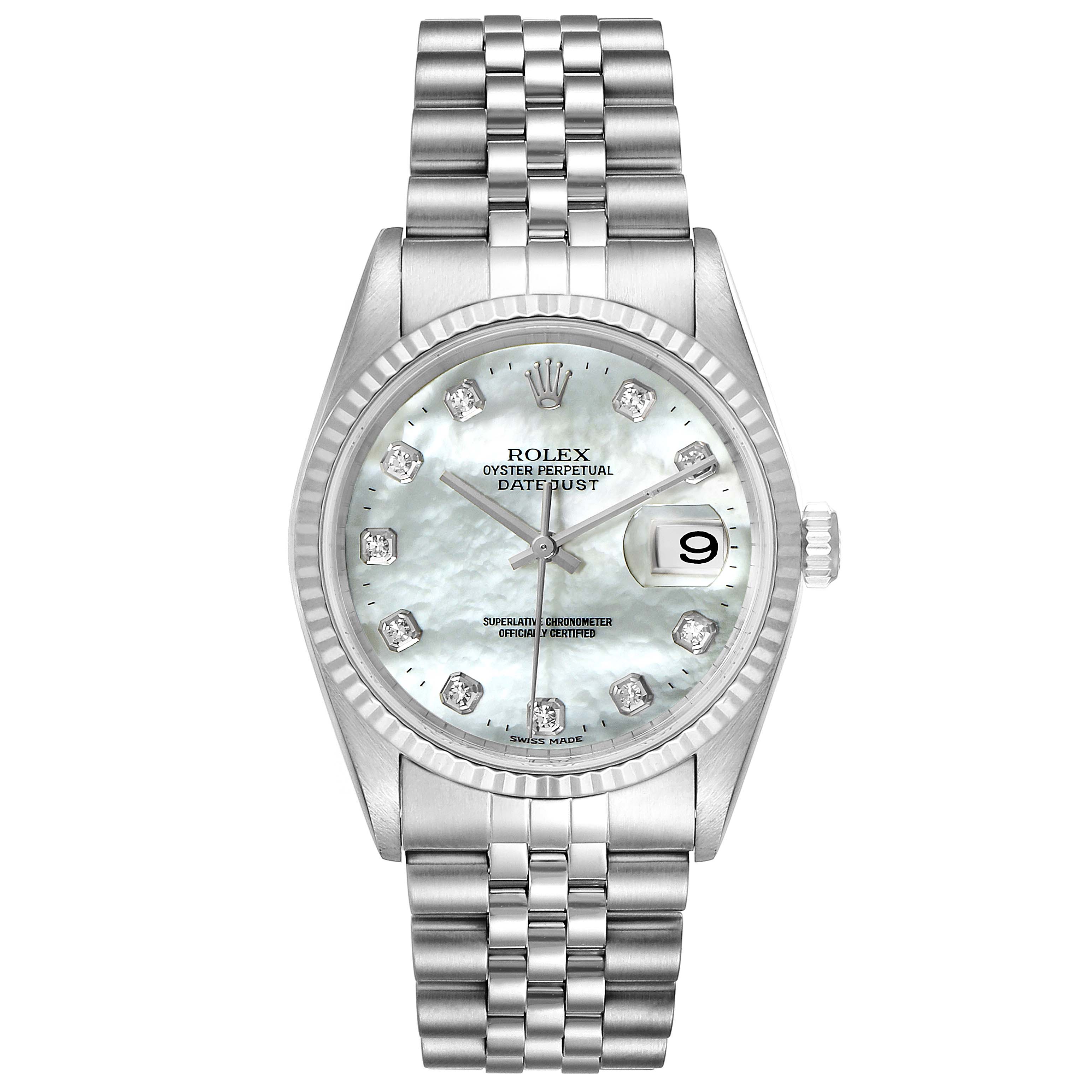 This image shows a full frontal view of the Rolex Datejust 16234 Men
s Stainless Steel Mother of Pearl Dial 16234 Men
s Stainless Steel Mother of Pearl Dial watch, highlighting the face and bracelet.